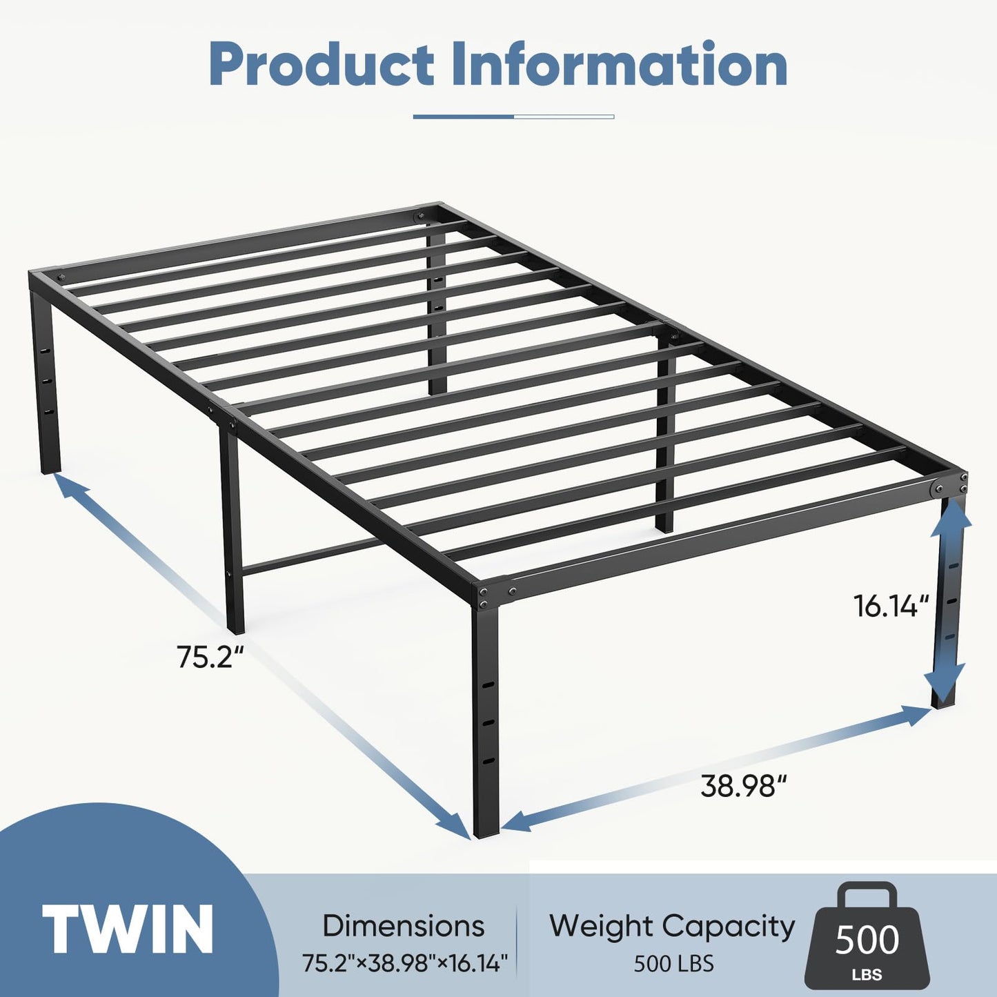 DUMOS Twin XL Size 16 Inch Bed Frame - Metal Platform Bed Frame Mattress Foundation with Steel Slat Support, No Box Spring Needed, Storage Space Under Base, Easy Assembly, Black