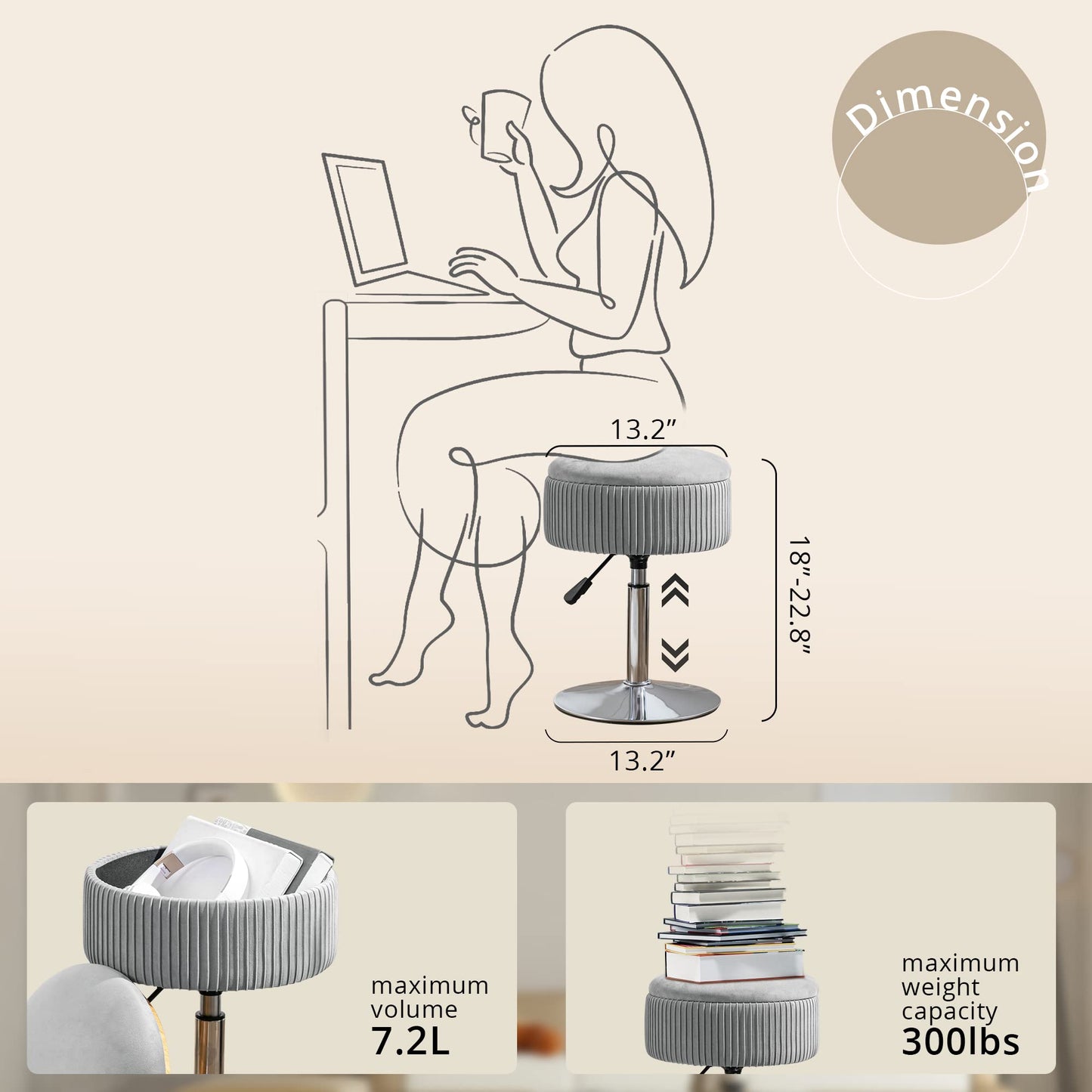LUE BONA 360°Swivel Vanity Stool Chair for Makeup Room, Height Adjustable Stool for Vanity with Storage, Small Grey Velvet for Bathroom, Living Room