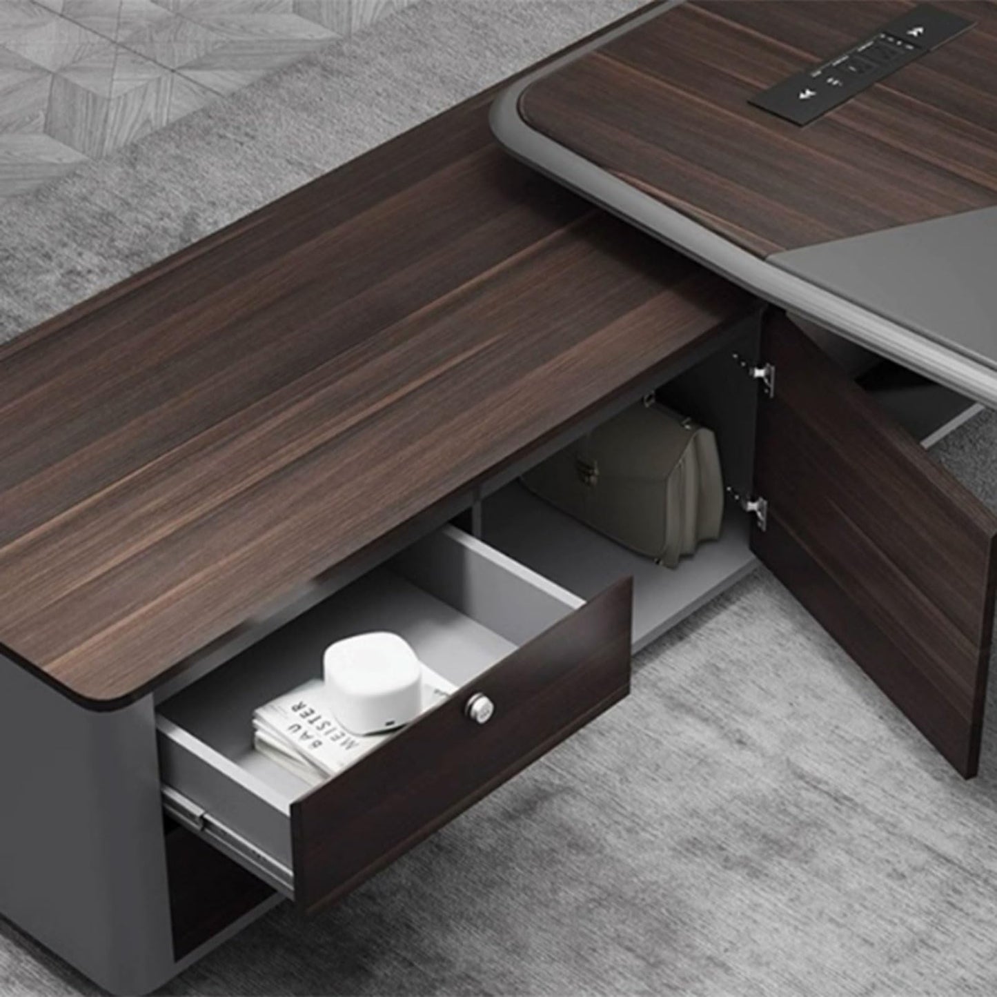 LSIGHTUS Brown Wood Executive Office Desk with Lateral Cabinet Writing Study Table Business Furniture Set for CEO Boss