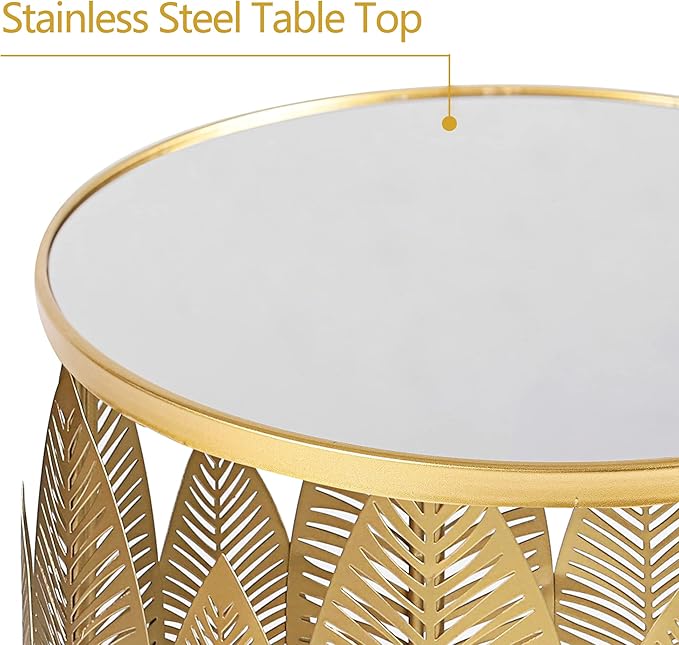 Homebeez Gold Nesting Tables Set of 2, Glam Leaf Design Round End Table