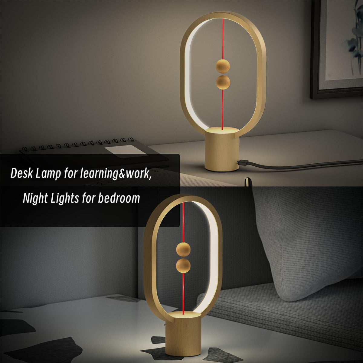 Xhope4u Bedroom Lamps - Mini Balance Lamp, Bedside Lamp, Nightstand Lamp, 3 Level Brightness Plug in Night Light for Home, Office, College Dorm (Wood Color)