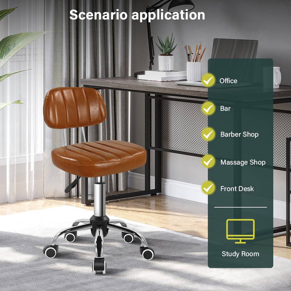 BFTOU Square Swivel Stool with Wheel for Work SPA Shop Massage Height-Adjustable and Cost-Effective Rolling Stool Chair with Back (Brown)