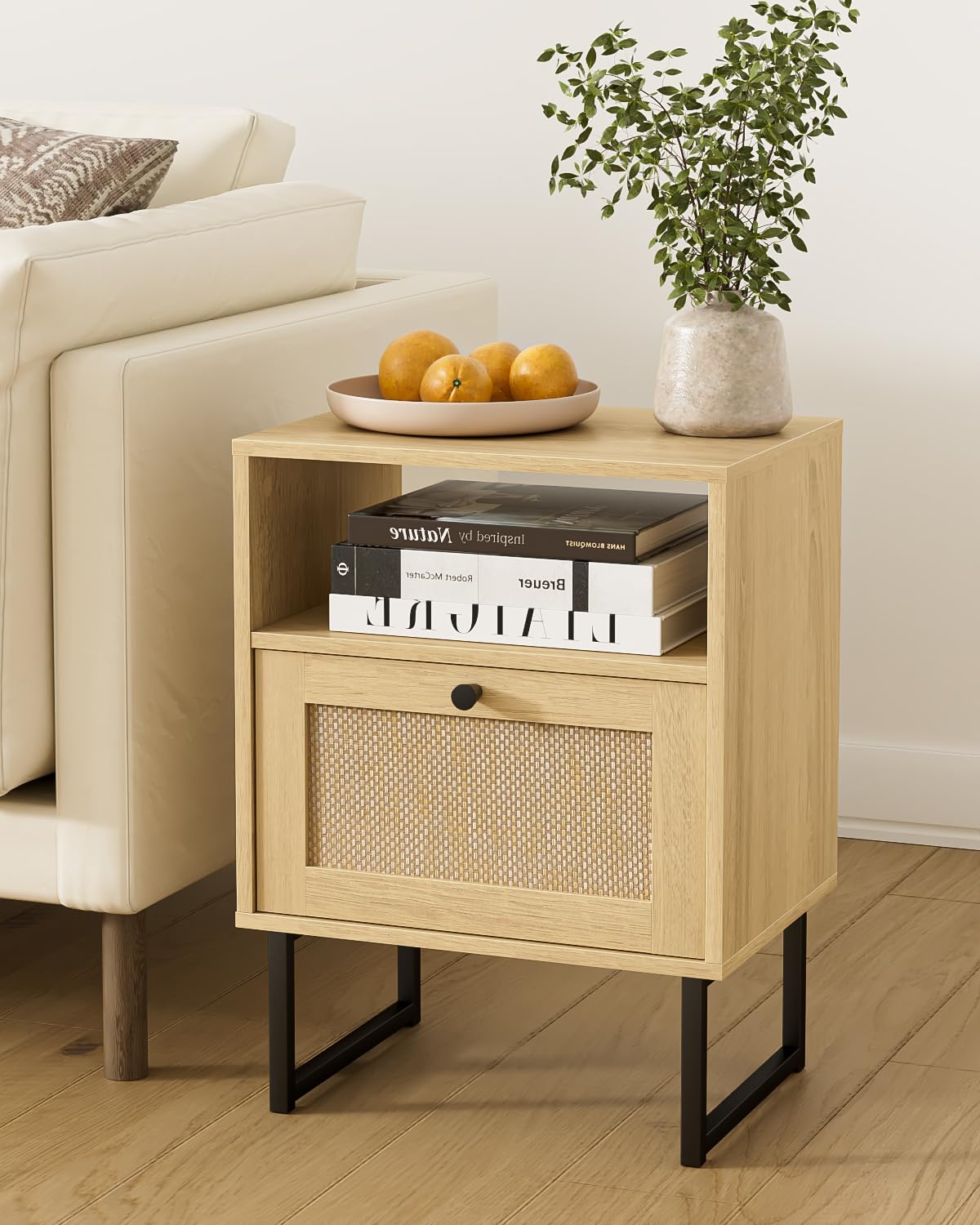 Apetaccat Rattan Nightstand, Boho Night Stand Farmhouse Wood Bedside Table with Storage and Open Shelf, End Side Accent Table for Bedroom,Living Room,Oak