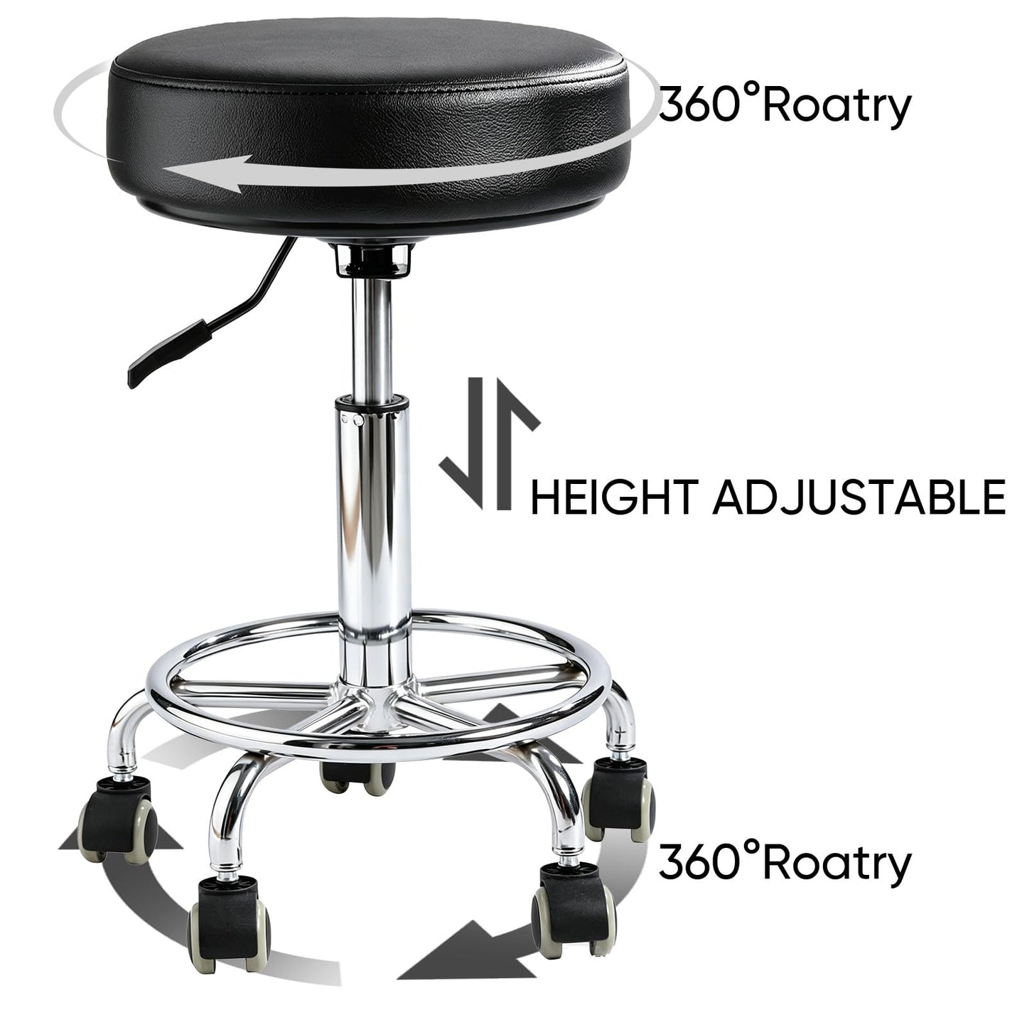 Rolling Stool with Wheels, Comfort Cushion Professional Swivel Drafting Stool, Height Adjustable Heavy Duty 500 lb Stool with Silent Casters and Foot Ring for Salon Tattoo Clinic Home Office, Black