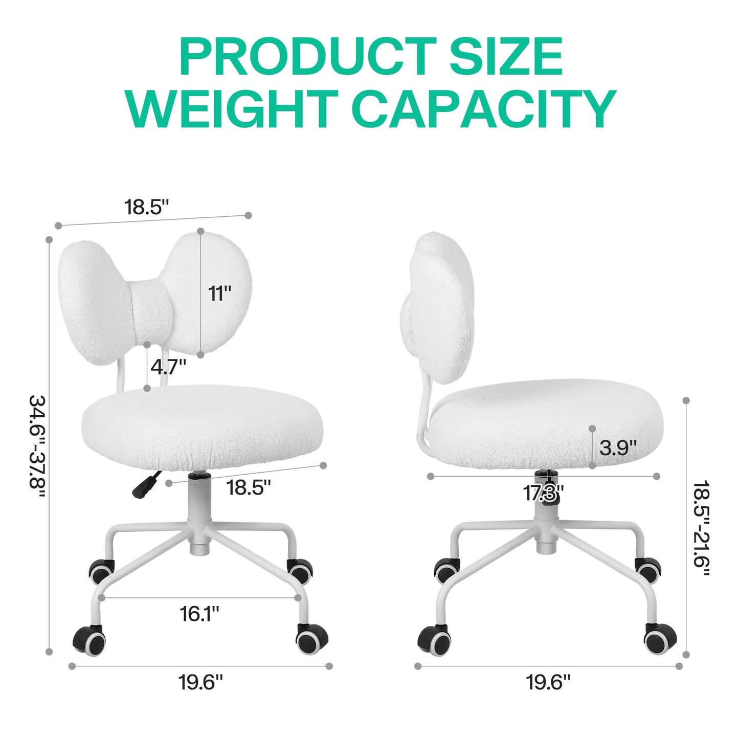 Shiepu Cute Desk Chair with Back,Comfy Small Office Chair with Wheels, Armless Adjustable Rolling Swivel Computer Chair for Home Office,Make-up Room,Bedroom,Vanity Chair for Girls,Teddy Velve,White