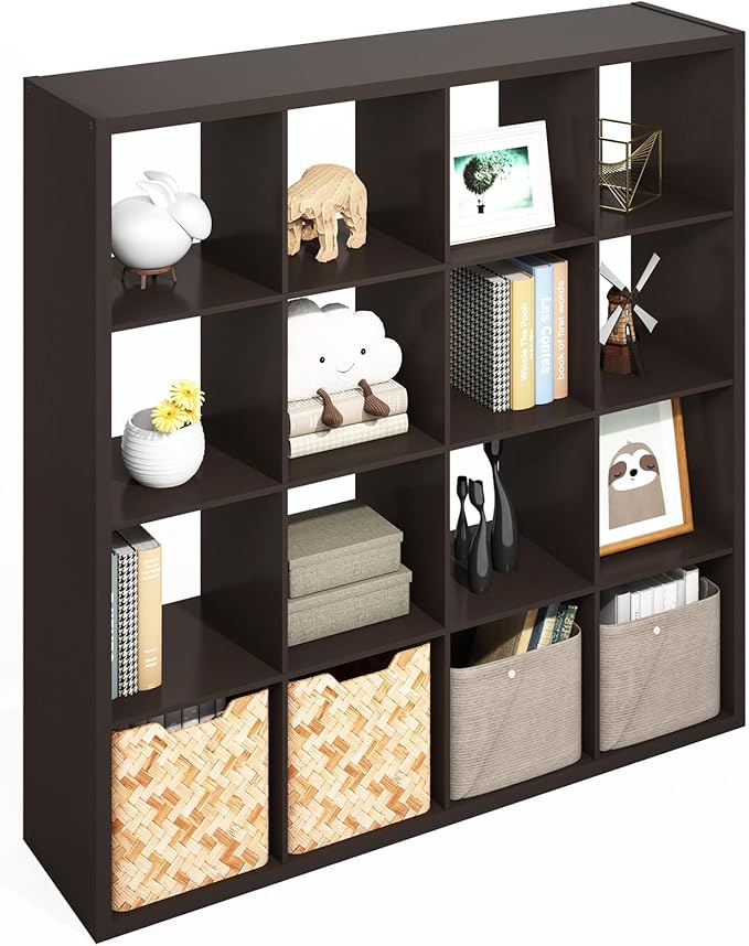 Furinno Simple Cube Storage Organizer, 16-Cube Display Shelf, Open Back