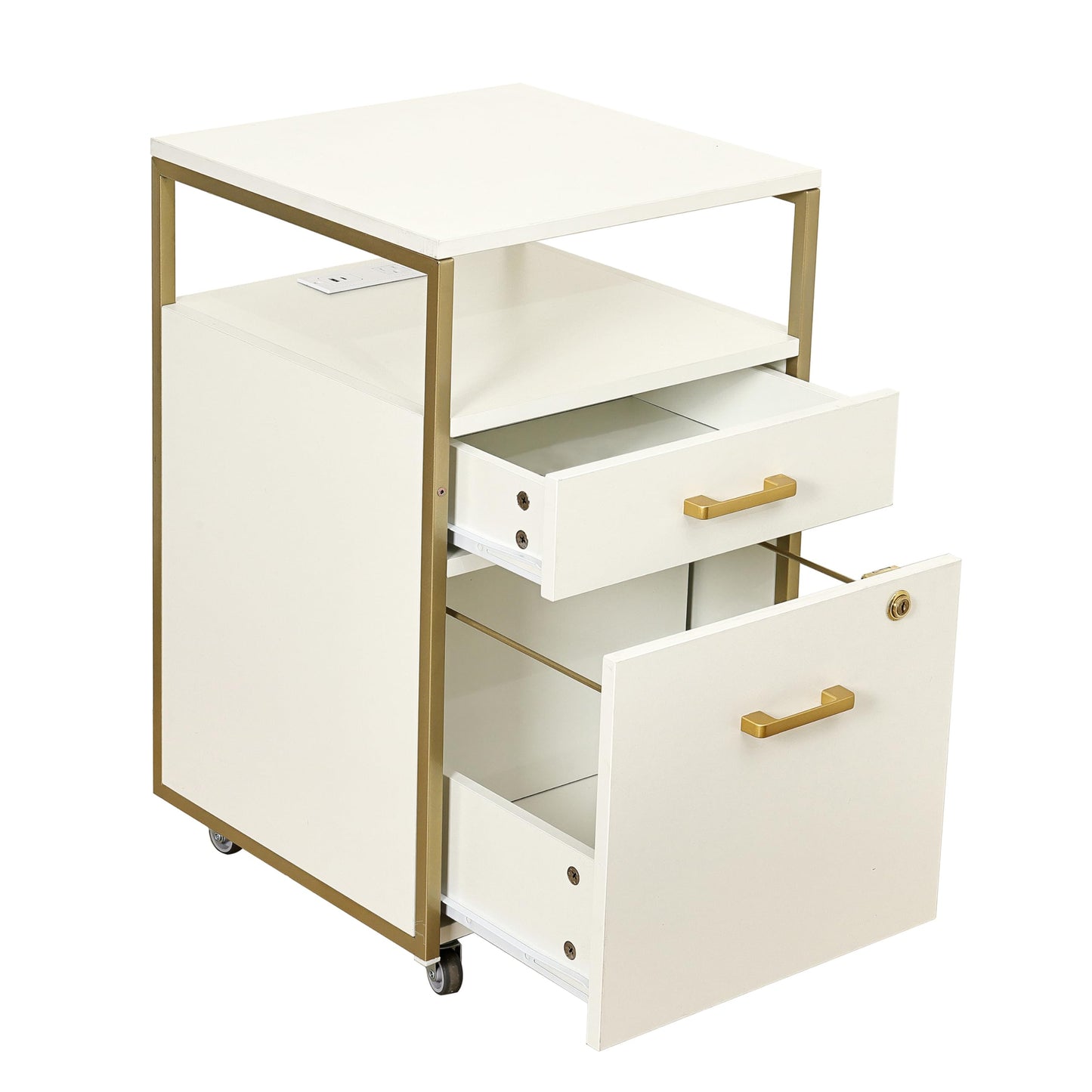 Modern 2-Drawer Rolling File Cabinet with Lock, 2 USB Ports and Power Outlet for Device Charging, Portable File Organizer or Printer Stand for Office or Home with Locking Wheels, White & Gold