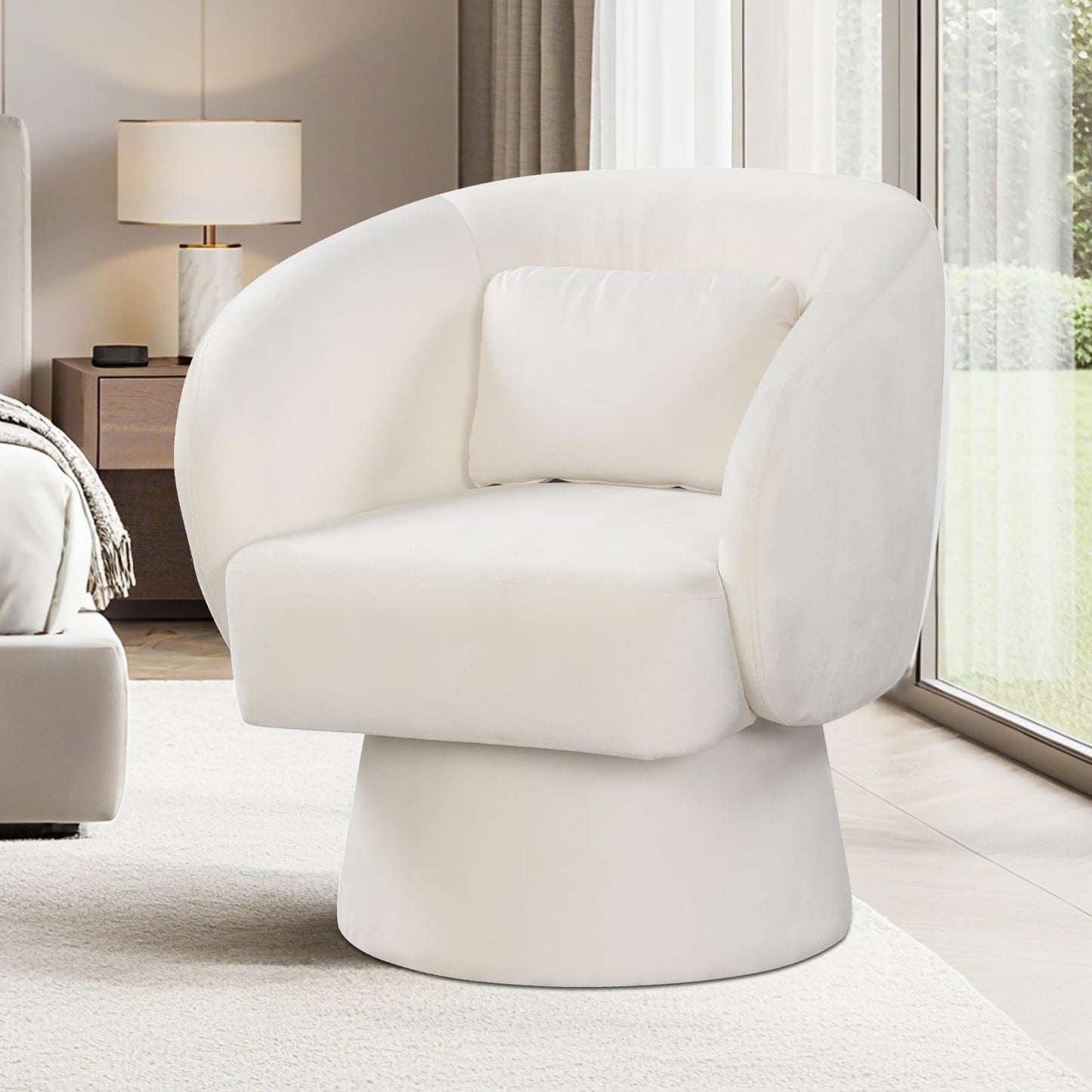 Giantex Swivel Accent Chair, Upholstered Barrel Chair with Curved Back & Removable Lumbar Pillow, Comfy Round Armchair with 360° Rotating Function, Single Sofa Chair for Living Room