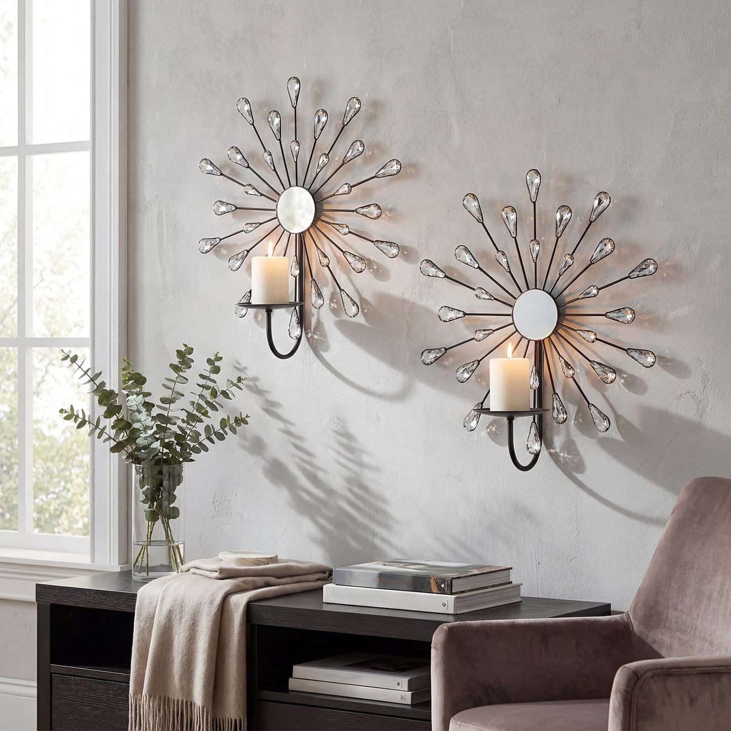 ZEXUIRU 2 Set Starburst Candle Sconces for Wall Decor Living Room Bedroom Dining Room Metal Bling, Crystal, Mirrored Modern Wall-Mounted Candle Sconce Holders Hanging Decor-Silver 13in