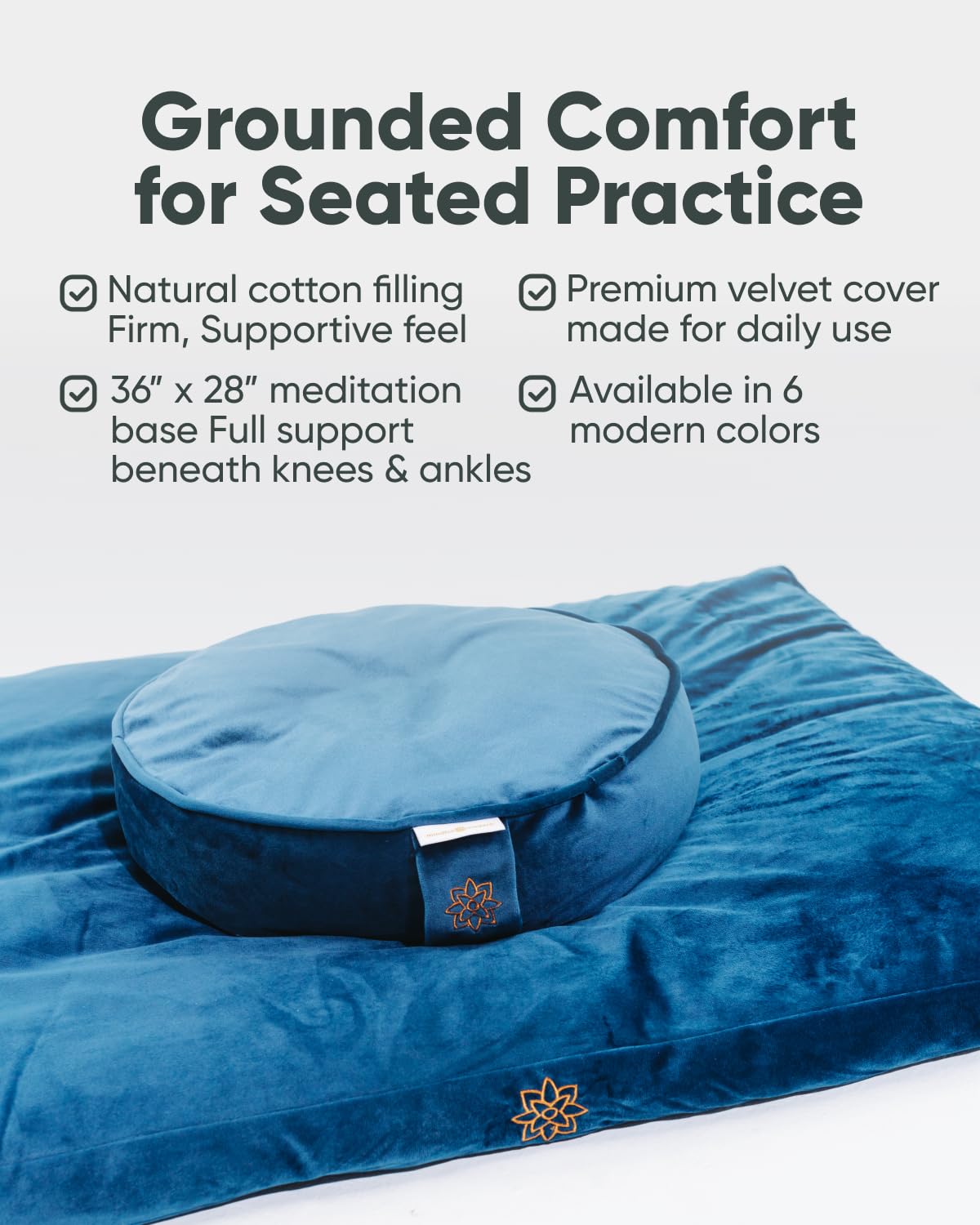 Mindful Modern Velvet Zabuton Meditation Mat - Luxurious Meditation Cushion Pillow with 100% Cotton Filling - Enjoy Better Posture and Greater Comfort for Zafu or Bench (Royal Navy)