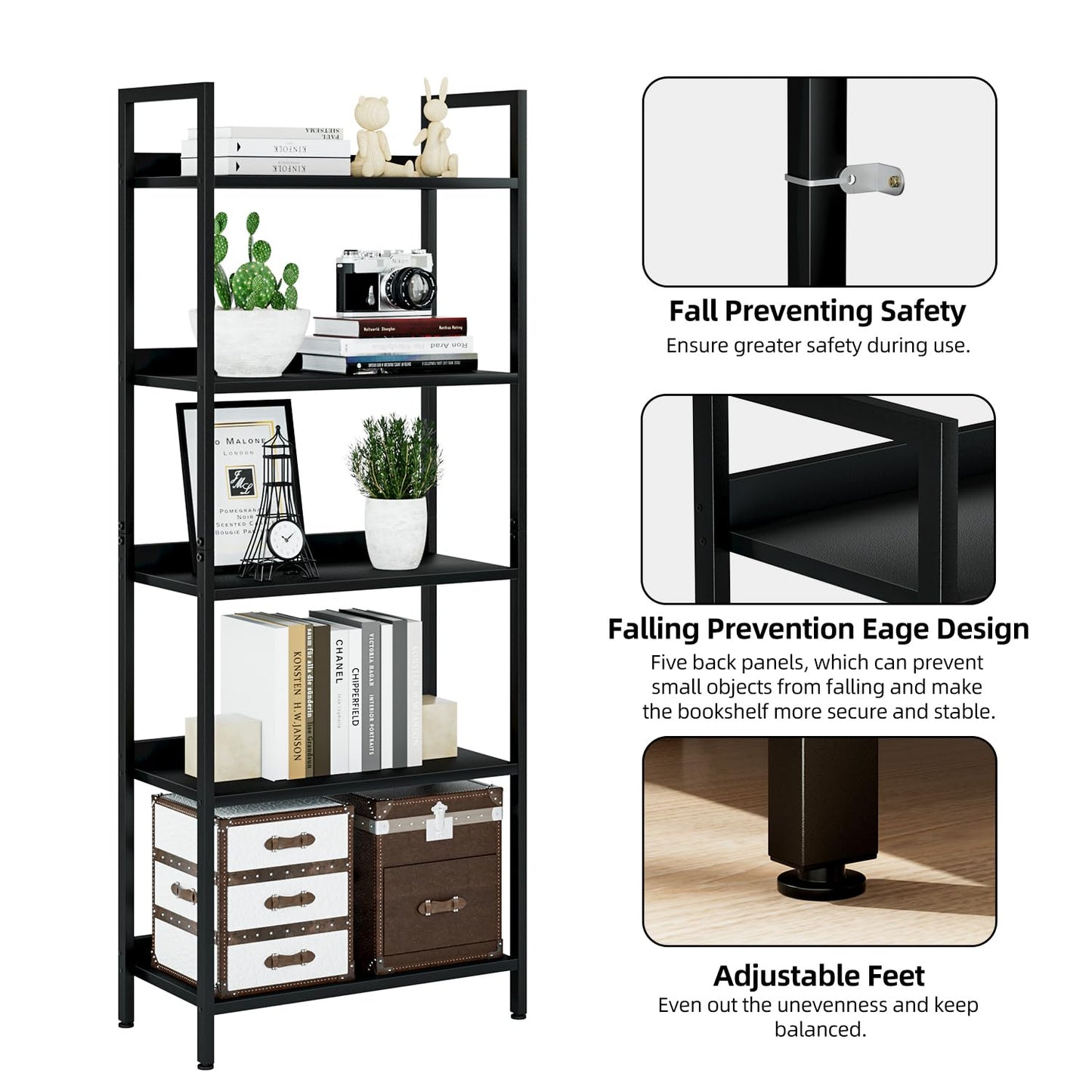 NUMENN Bookshelf, 5 Tier Bookshelves, Home Office Bookcase Shelf Storage Organizer, Free Standing Storage Shelving Unit for Bedroom, Living Room and Home Office, Black