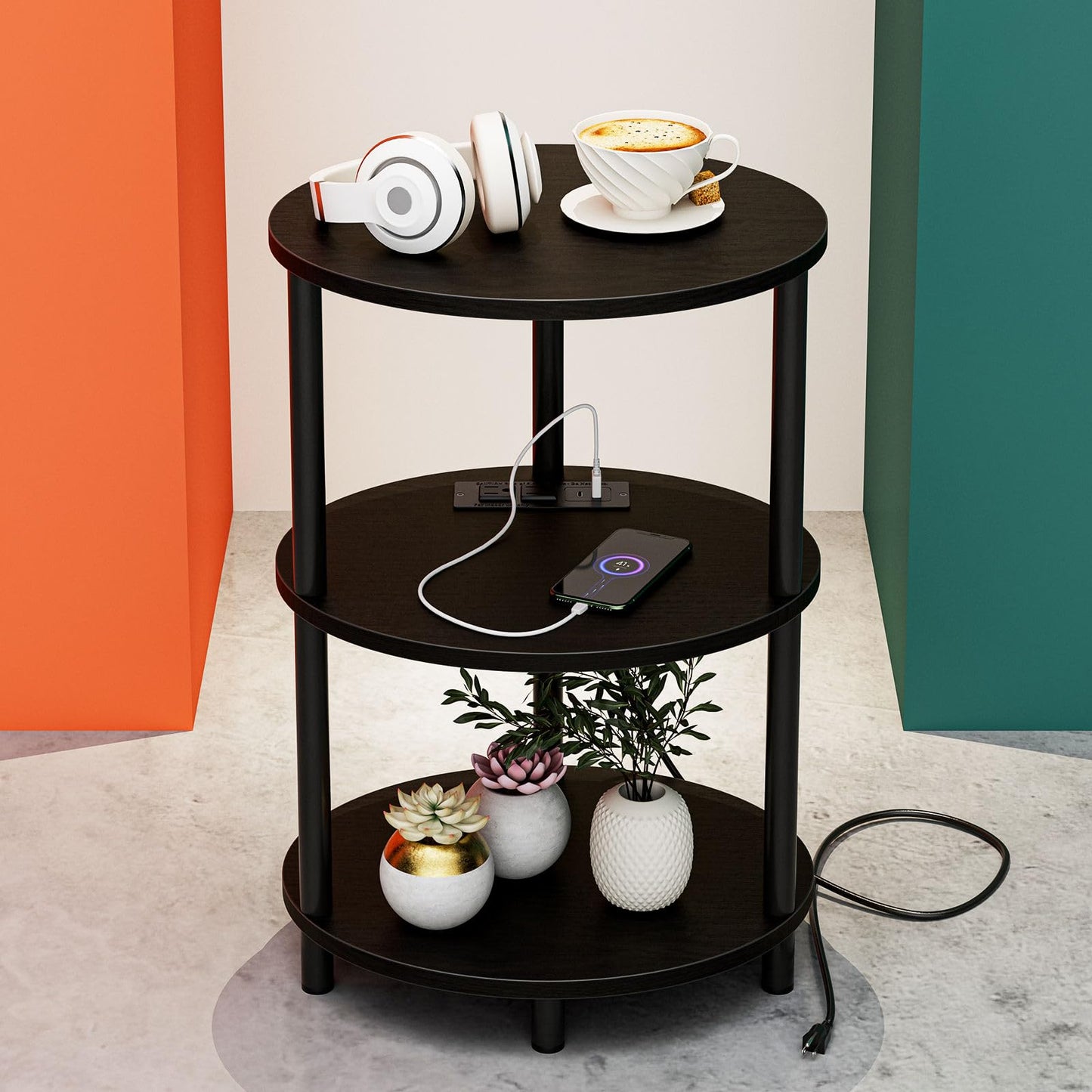 RISWER Small Round Side Table - 3-Tier Oval Accent Table for Small Spaces, Rustic Wood and Metal Nightstand for Living Room or Bedroom, Built-in USB Ports and Power Outlet, Charcoal Wenge