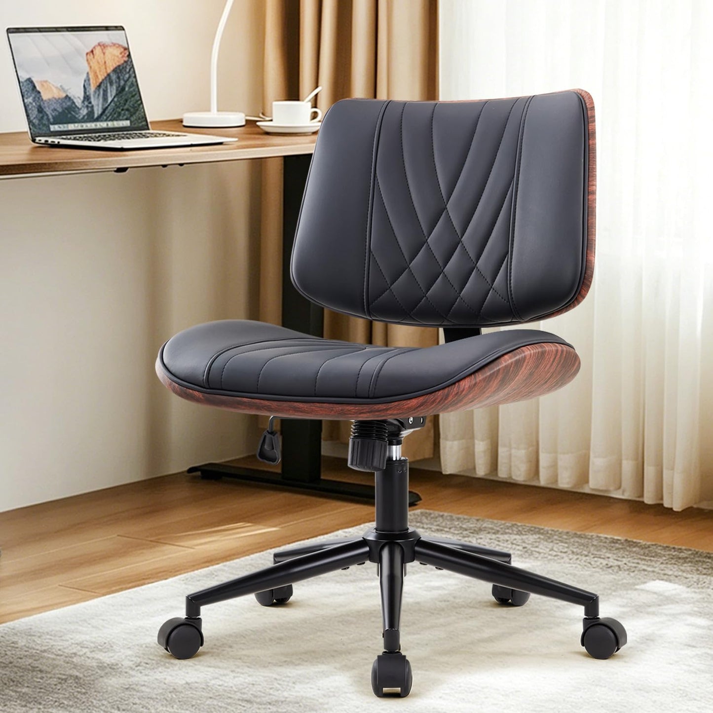 IWMH Home Office Chair Swivel Desk Chair with Wheel Small Computer Chair Armless Task Chair Modern Walnut PU Leather Backrest Rocking Function Adjustable Height, Study Reading Meeting Room (Black)