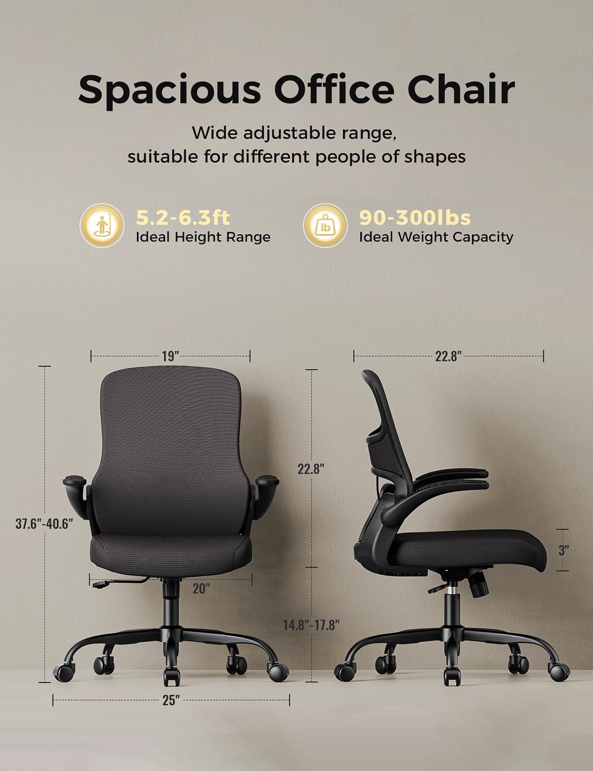 Deroavixe Office Chair, Mesh Ergonomic Desk Chairs, Comfy Computer Gaming Chair with Adjustable Height & Flip-up Armrest, Lumbar Support & Swivel Function for Home Office (Black)