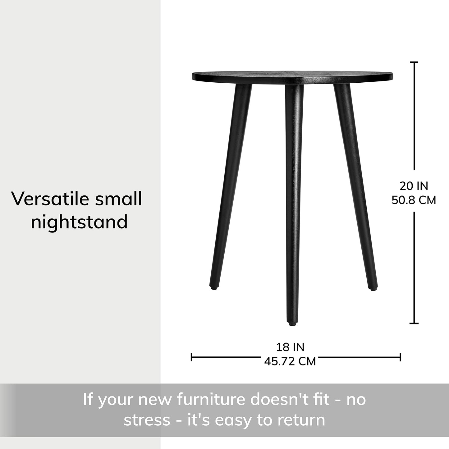 MH London Tri Pin Side Table I Handmade Natural Mango Wood, Naturally Moisture Resistant, Maintenance Free I 18" x 18" x 20" I Tora, Black