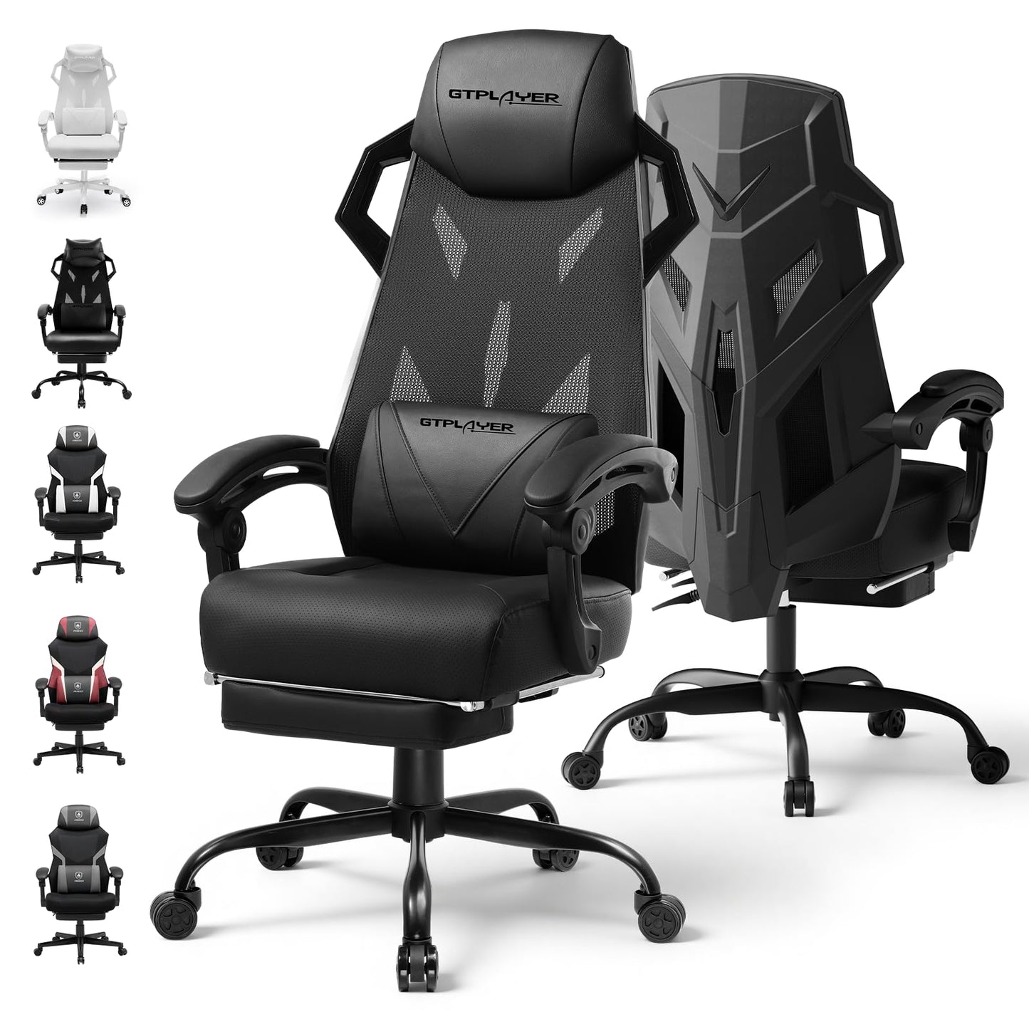 GTPLAYER Computer Chair with Adjustable Footrest, Ergonomic Gaming Chair with Headrest and Lumbar Support, Breathable Mesh Office Chair for Adults, High Back Reclining Desk Chair for Gaming and Office