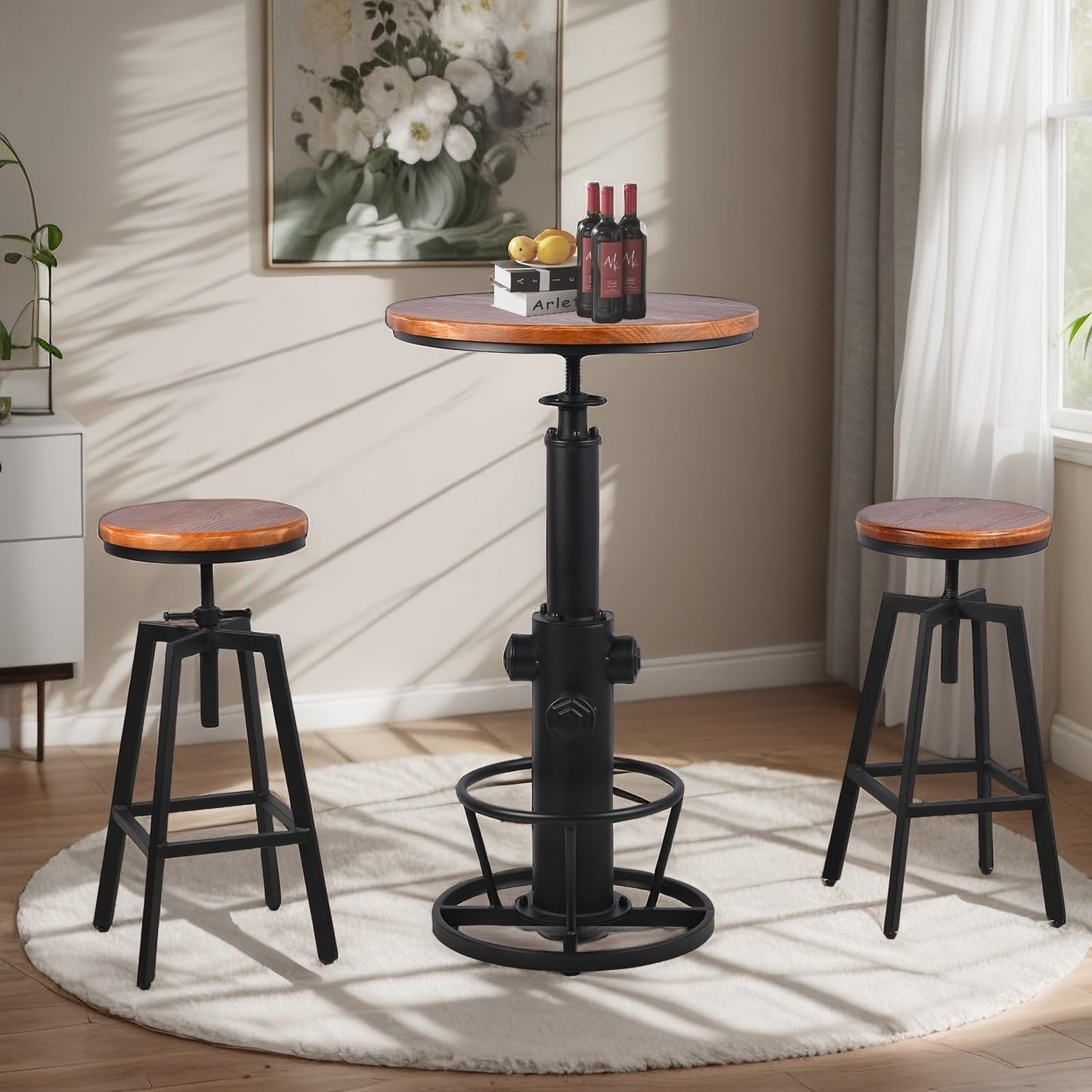 BOKKOLIK Vintage Bistro Table Height Adjustable 38.6-44.4inch Industrial Bar Table for Kitchen Dining Room Coffee House Pub Office Swivel Round Wooden Top for 2-3 People