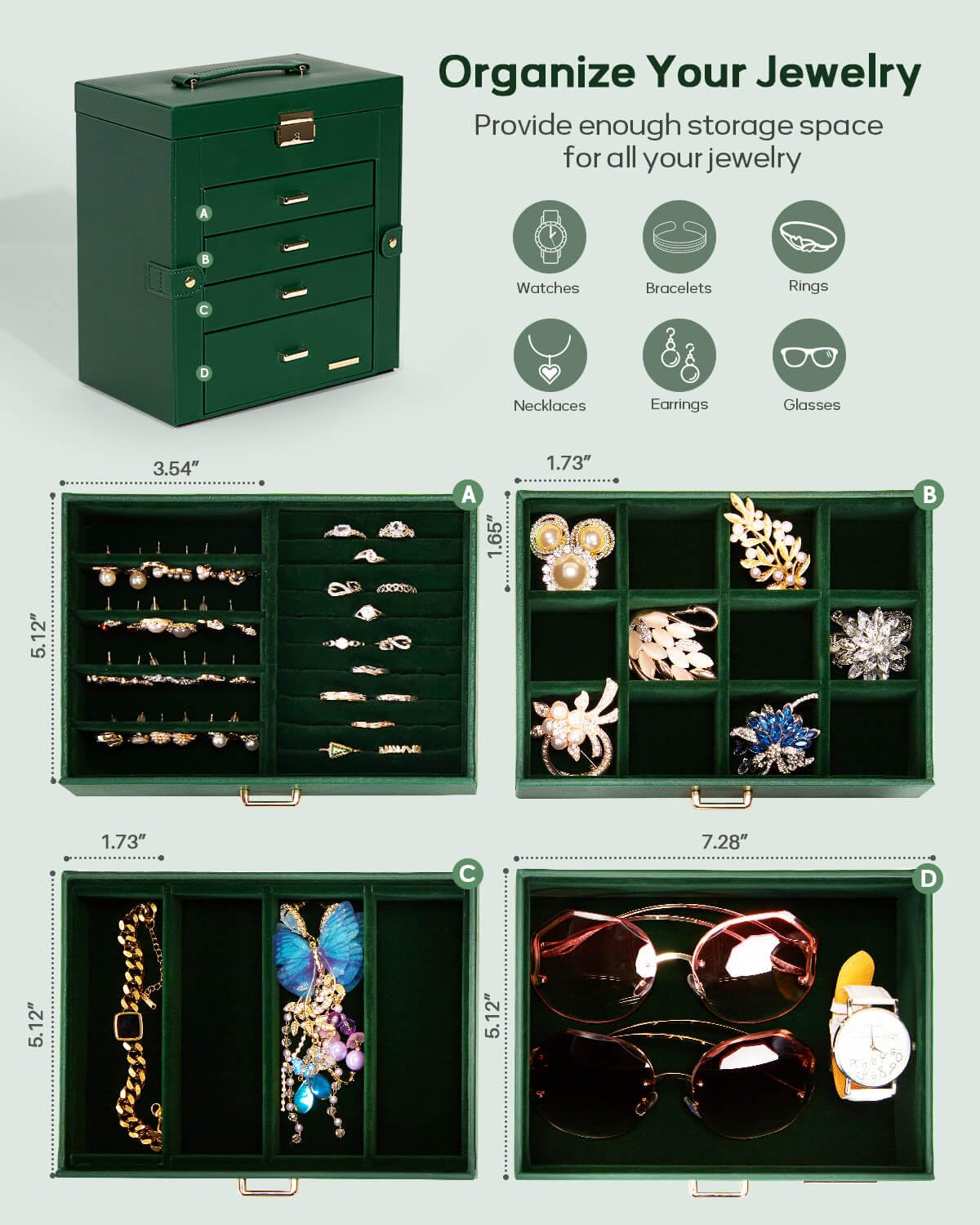 Homde Synthetic Leather Huge Jewelry Box Mirrored Watch Organizer Necklace Ring Earring Storage Lockable Gift Case (Forest Green + Gold)