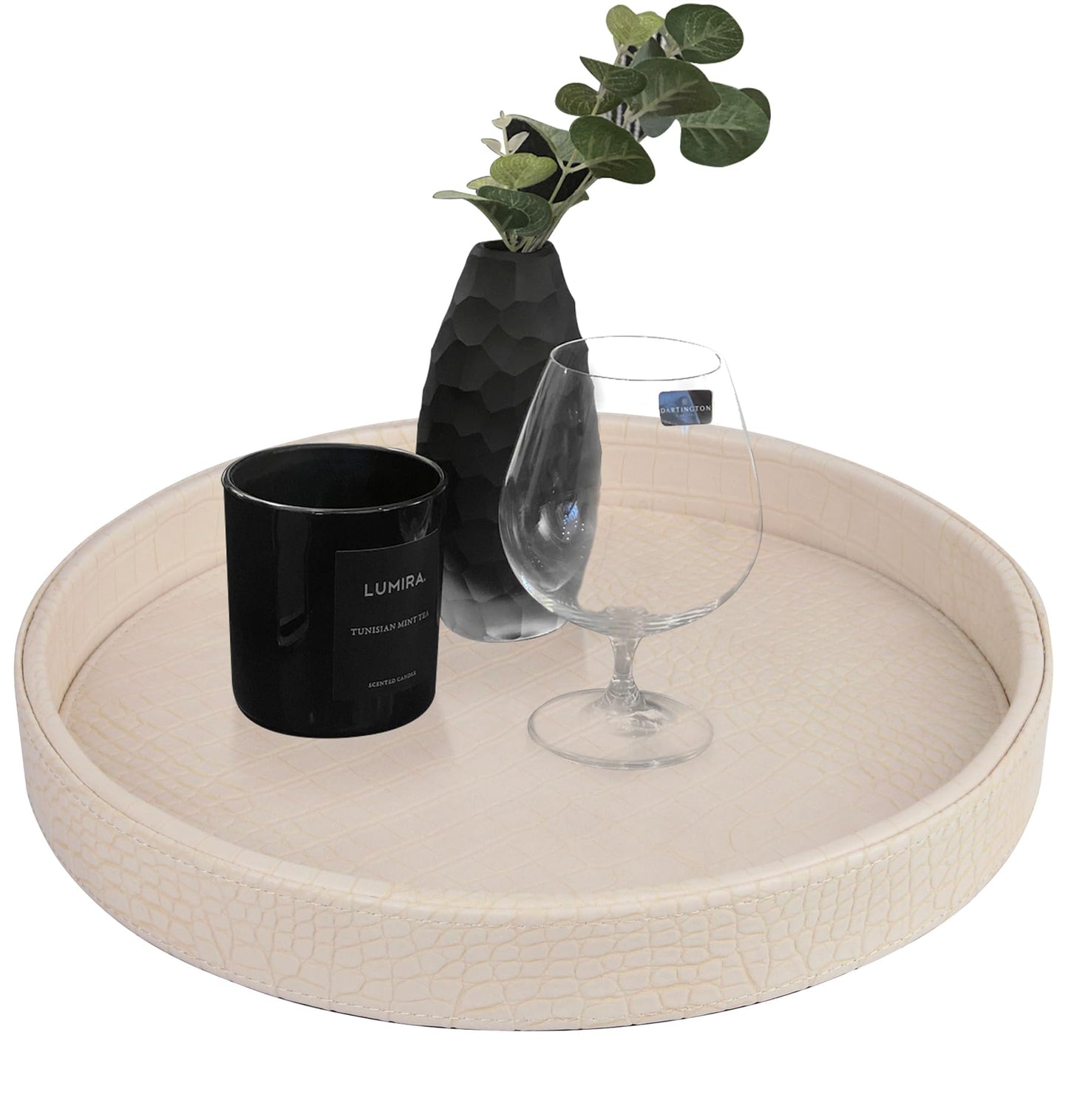 HofferRuffer Faux Leather Round Serving Tray, Vegan Croco Leather Decorative Tray, Food Tray for Storage Drinks, Snack & Cosmetics, Dia.12'' x 1.6'' (CreamWhite/Tiny Yellow)