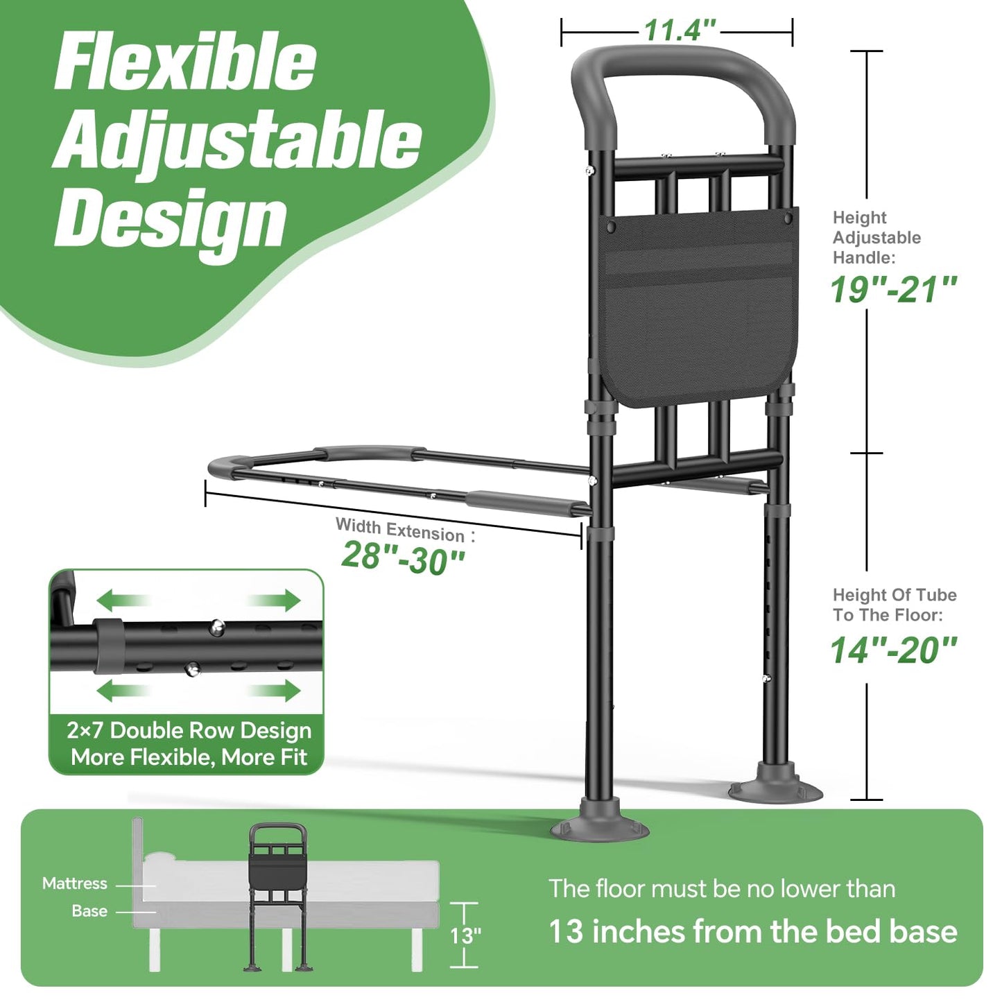 Bed Rails for Elderly Adults Safety with Ergonomic Padded Handle, ASTM Approved Adjustable Bed Assist Rail for Seniors, 400lb Weight Capacity, Fixing Strap&Storage Pocket, Fits Twin/Full/Queen/King