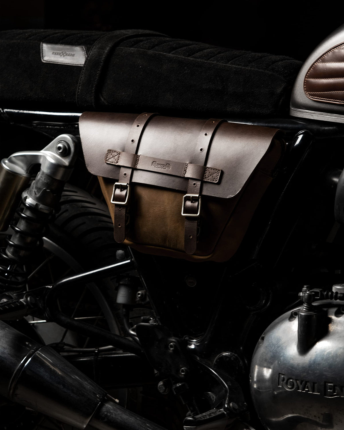 Trip Machine Company Wingman Leather Side Panel Bag for Royal Enfield Interceptor & Continental GT 650 – 3.5L Motorcycle Tool & Storage Bag with Raincover (Brown, Left Side)