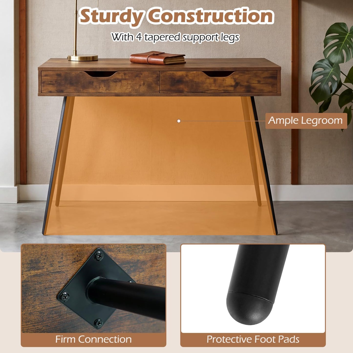 Tangkula Mid Century Desk with 2 Storage Drawers, Modern Writing Study Desk with Rubber Wood Legs, Versatile Home Office Study Desk for Small Space, Vanity Table for Bedroom (Rustic Brown)