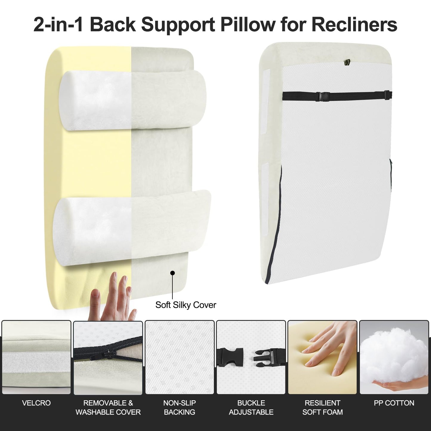 BYTLK 2-in-1 Neck & Lumbar Support Pillow with Adjustable Height and Ergonomic backrest Design, Suitable for recliners, Sofas, high-Back Rocking Chairs, Relieve Back Pressure. (White)