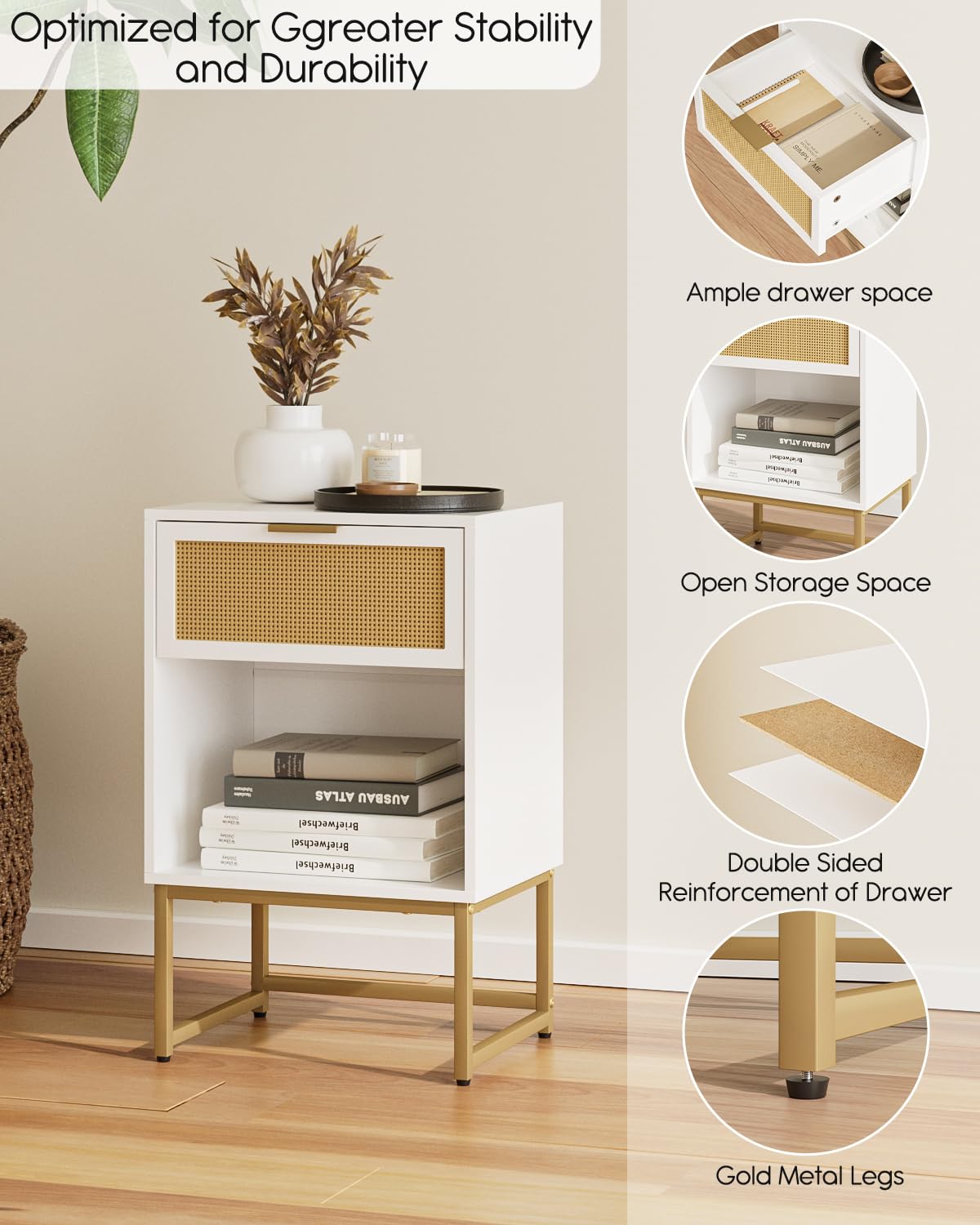 Masupu Rattan Nightstand,Modern Night Stand Boho Farmhouse Wood Bedside Table with Storage Drawer Side End Table for Bedroom,Office,White