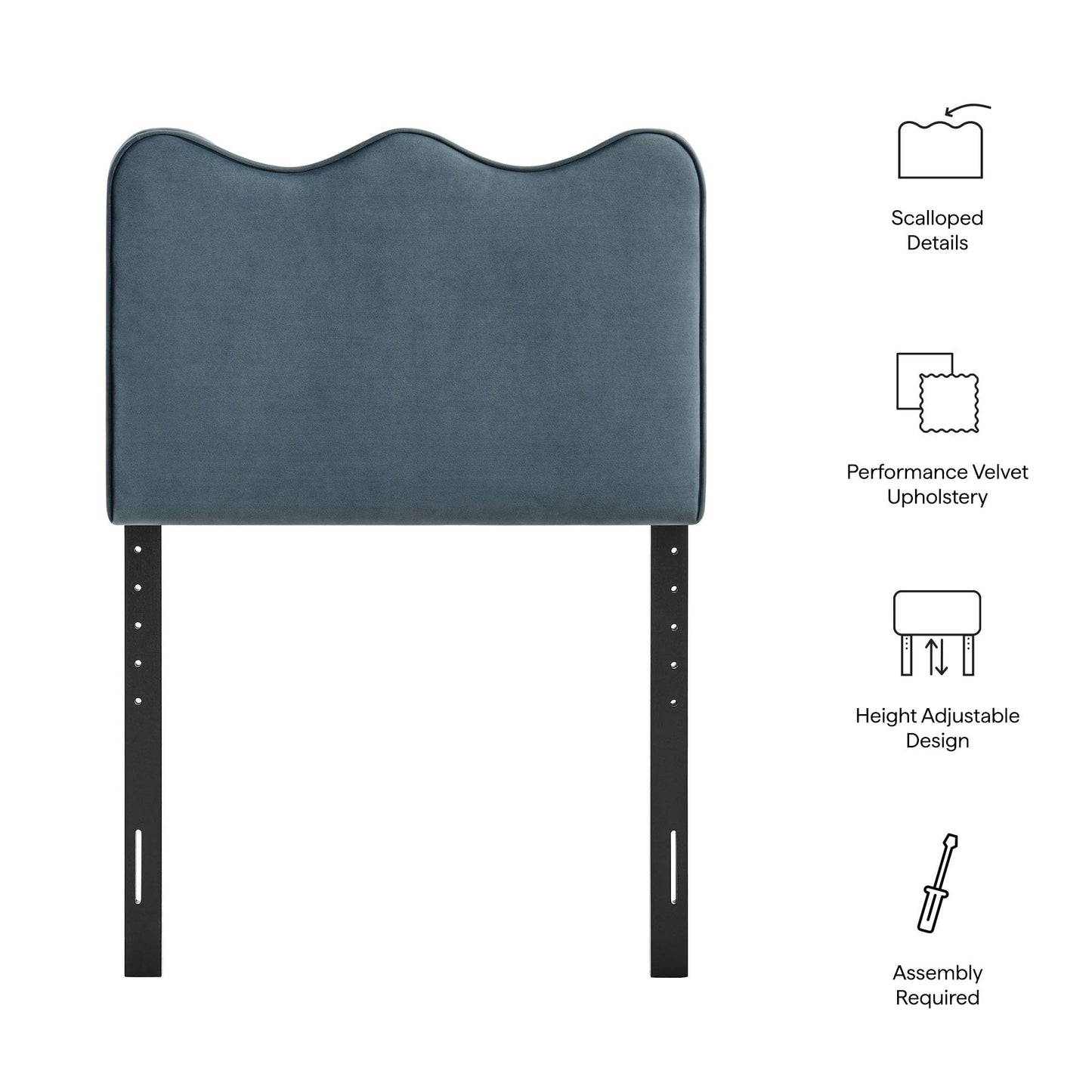Monday Athena Twin Size Performance Velvet Adjustable Headboard in Cadet Blue - with Scalloped Wave Design and Stain-Resistant Velvet Upholstery
