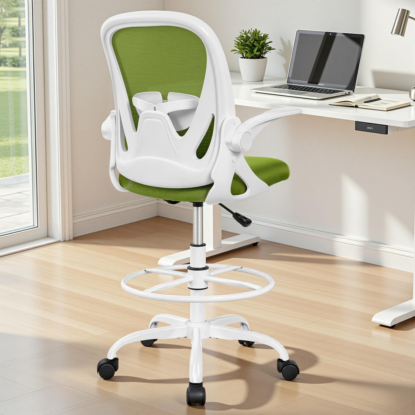 Primy Drafting Chair Tall Office Chair with Flip-up Armrests Executive Ergonomic Computer Standing Desk Chair with Lumbar Support and Adjustable Footrest Ring (AvocadoGreen)