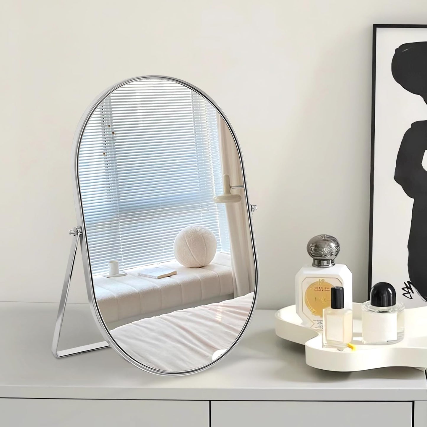 Numjeg Vanity Makeup Mirror for Desk with Metal Stand Tabletop Mount Makeup Oval Mirrors 90°Adjustable Rotation Portable Cosmetic Mirror for Travel Bedroom,Office, Dresser,Countertop