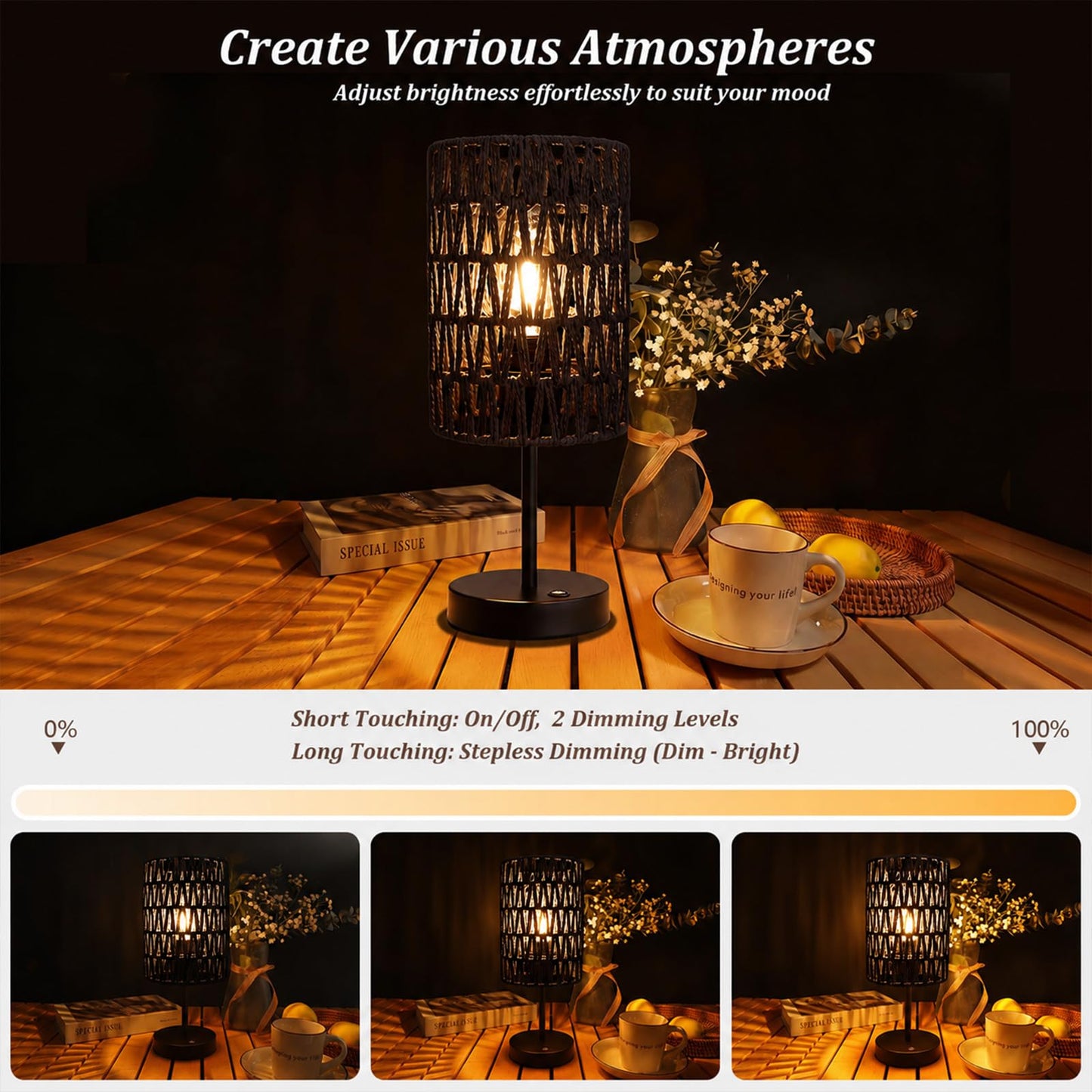 ALL FORTUNE Boho Cordless Outdoor Table Lamps, Rechargeable Battery Operated Rattan Table Lamps, Stepless Dimmable, for Covered Patio, Porch, Gazebo, Living Room, Bedroom Decor- Set of 2 (Black)