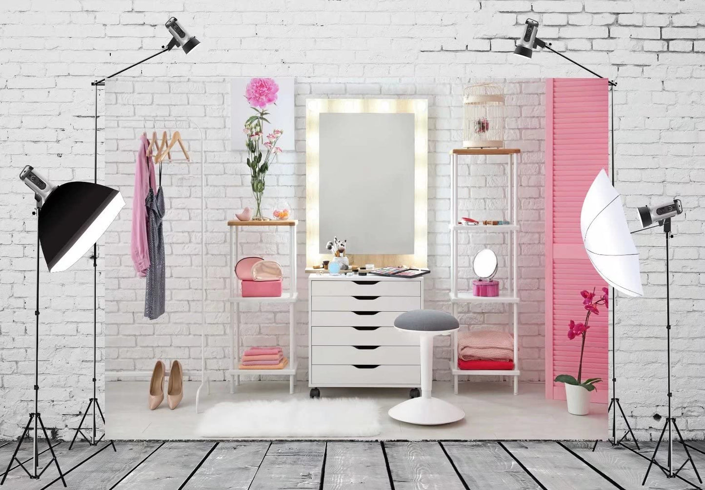 BELECO Makeup Room Backdrop - 9x6ft Fabric Beauty Backdrop for Girls Ladies Online Teaching Live Video Decor Salon White Wall Dressing Table Mirror Background Makeup Party Deco Photo Props