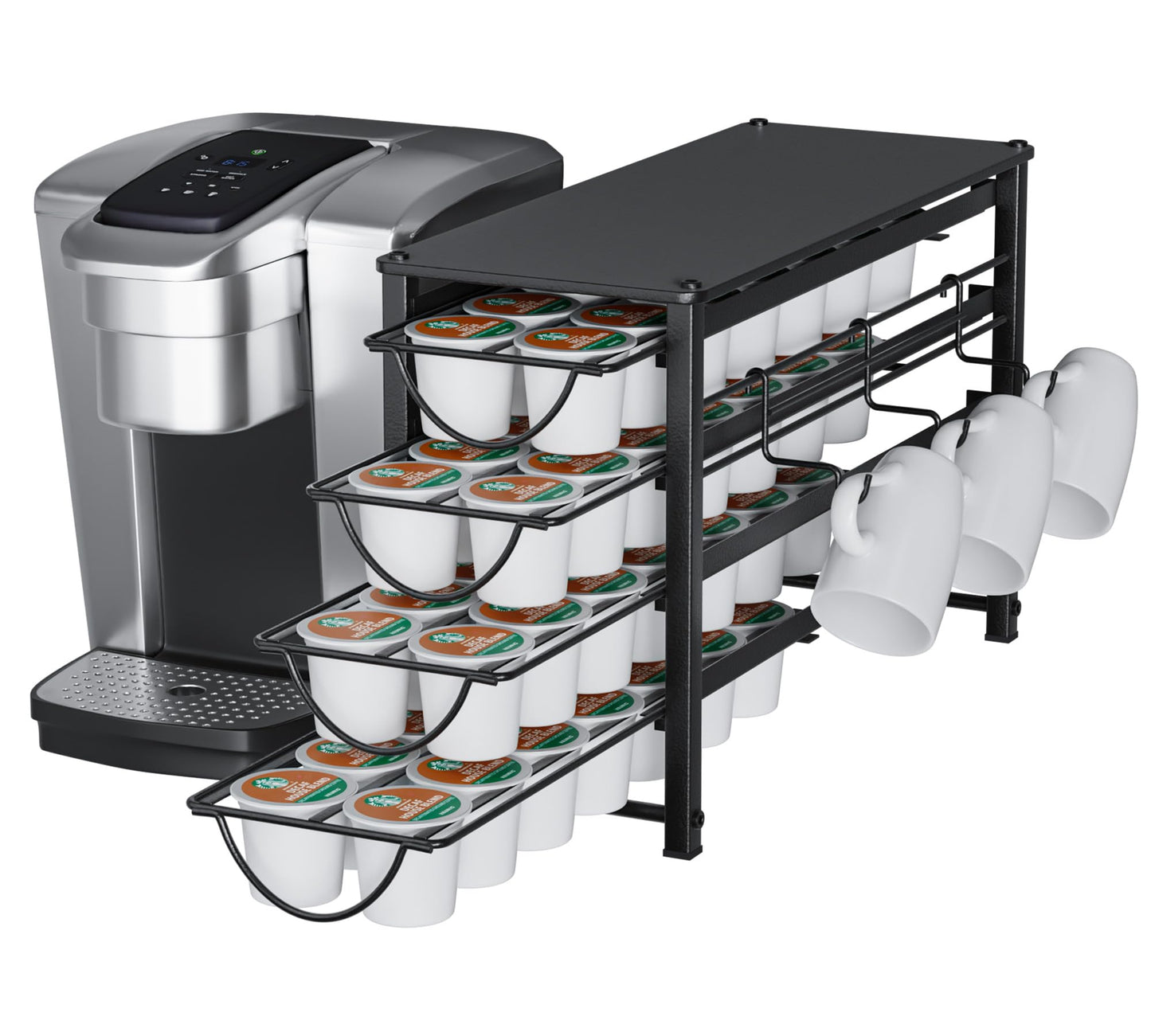 HFHOME Coffee Pod Organizer for Countertop, 4-Tier Metal Storage Drawer, Holds 56 Capsules, Coffee Station Holder for Kitchen, Office, or Home, 3 cup rack, Black