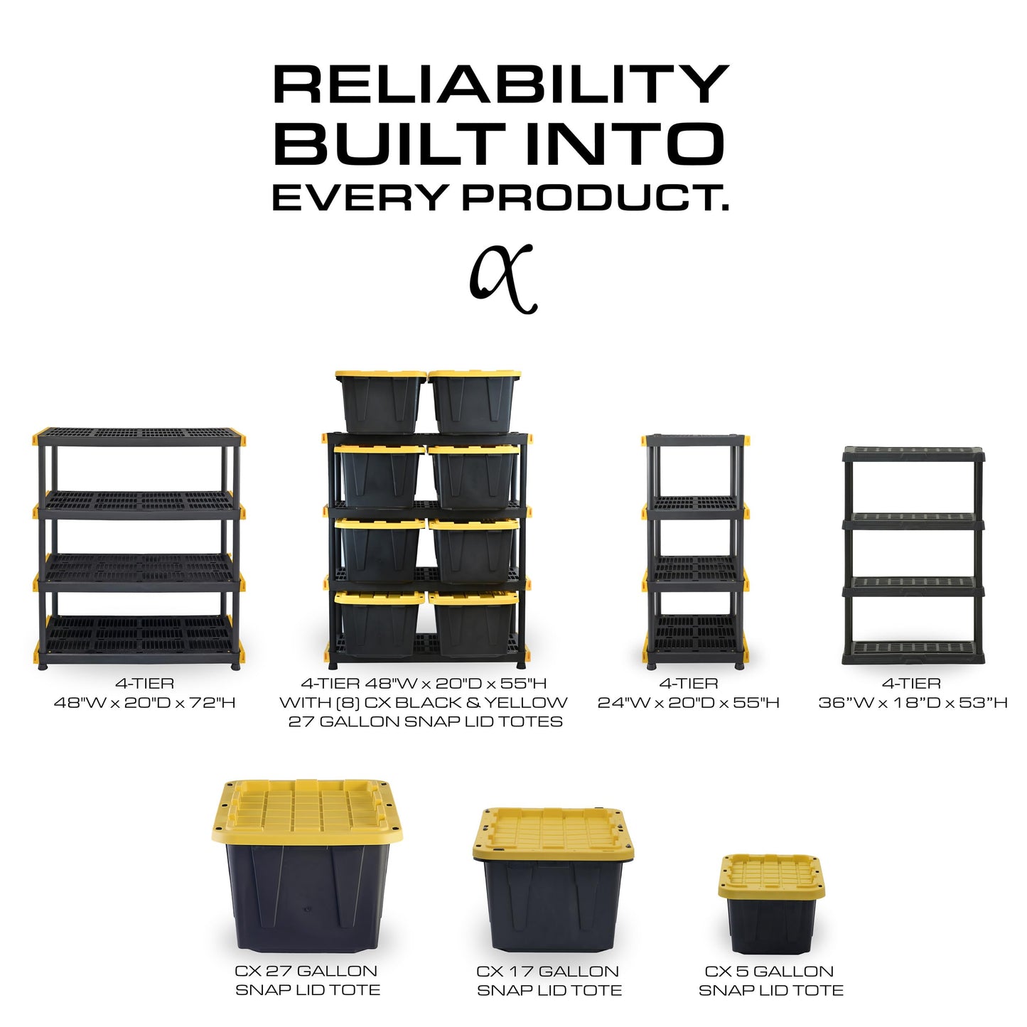 CENTREX CX 4-Tier Heavy Duty Plastic Storage Shelves that Support up to 150lbs/shelf, Organization and Storage, Weather-Resistant Design, Easy Assembly, Black (53”H x 36”W x 18”D)