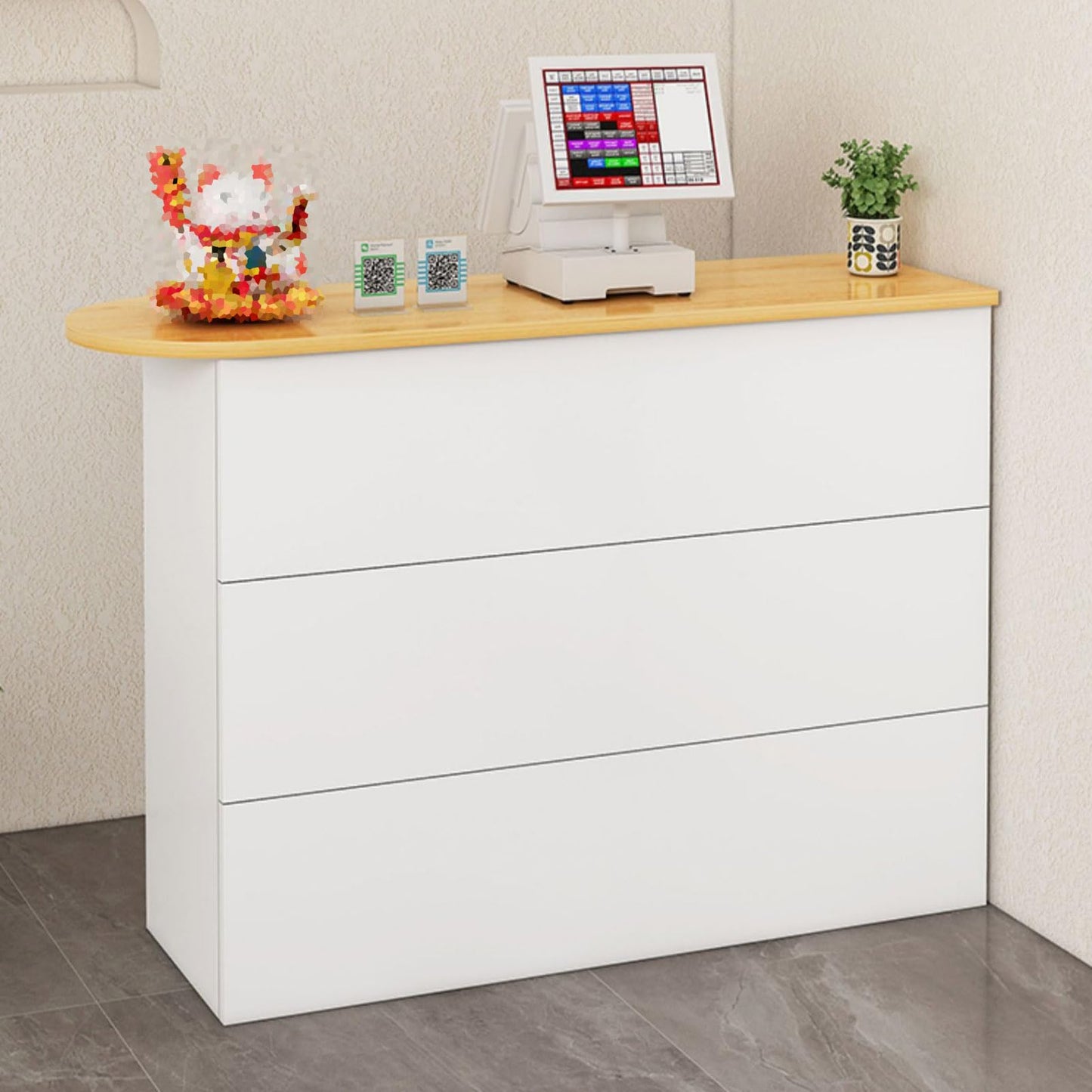 Reception Desk Counter Table, Modern front desk Small Retail Counter Checkout Wood Cashier Table office Computer Workstation With Lockable Drawer and Storage Cabinet, for Checkout Salon, Lobby, Stor