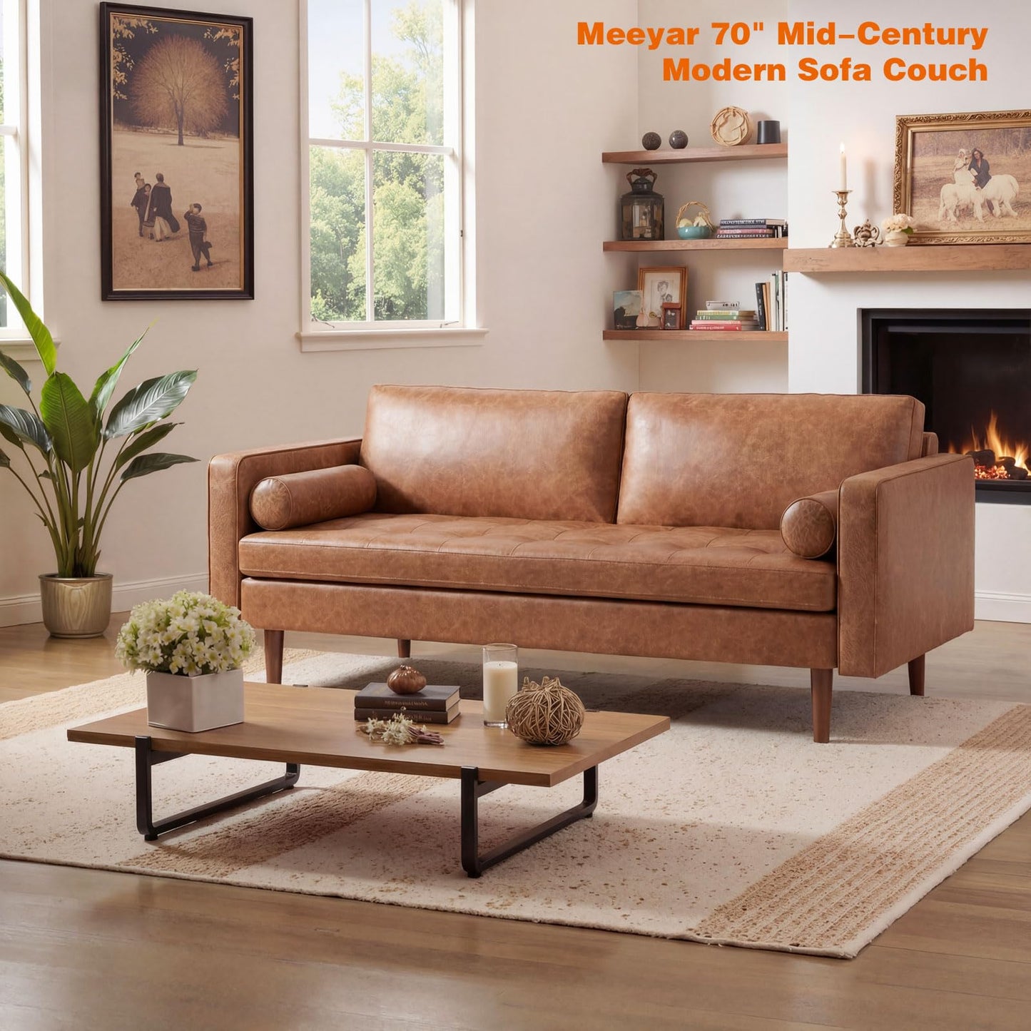 Meeyar 70" Mid-Century Modern Faux Leather Sofa, Comfortable Button Tufted Loveseat Couch with Bolster Pillows & Solid Wood Legs for Living Room, Apartment, Office, 1100lbs Capacity, Brown