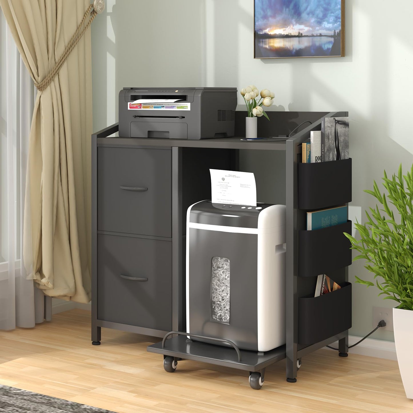WODRAWER Printer Stand with Storage, Lateral Office Filing Cabinets with Power outlets & USB Charging Port, File Cabinet with Large Printer Stands for Home Office, Shredder Stand Rack (Black)