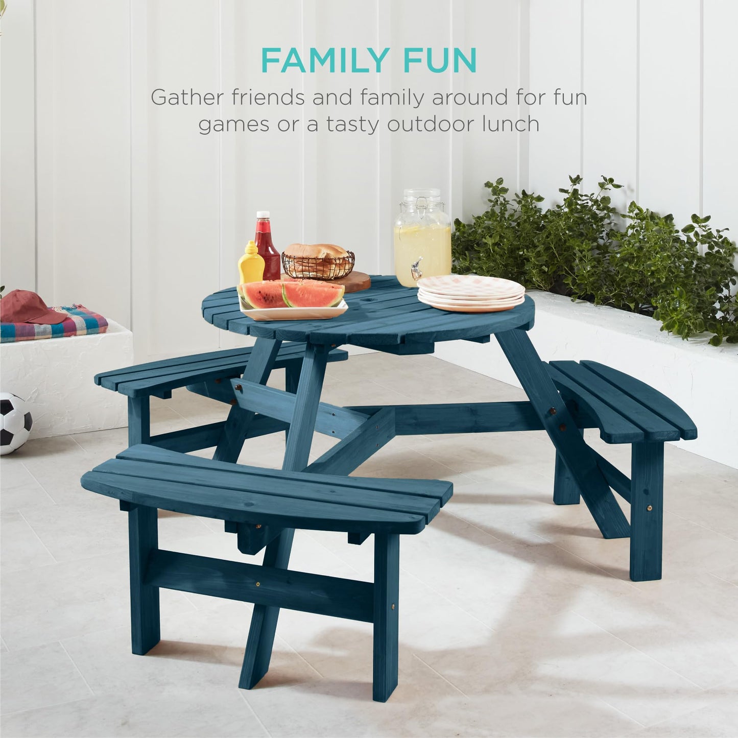 Best Choice Products 6-Person Circular Outdoor Wooden Picnic Table for Patio, Backyard, Garden, DIY w/ 3 Built-in Benches, 500lb Capacity - Harbor Blue