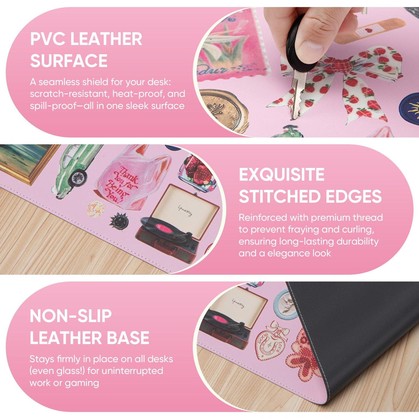 Pink Desk Mat, Leather Desk Pad Blotter Protector, XXL Large Mouse Pad,Computer Laptop Mouse Pads for Desktop,Waterproof Writing Anti-Slip Mousepad for Office and Home I Colorful Stickers