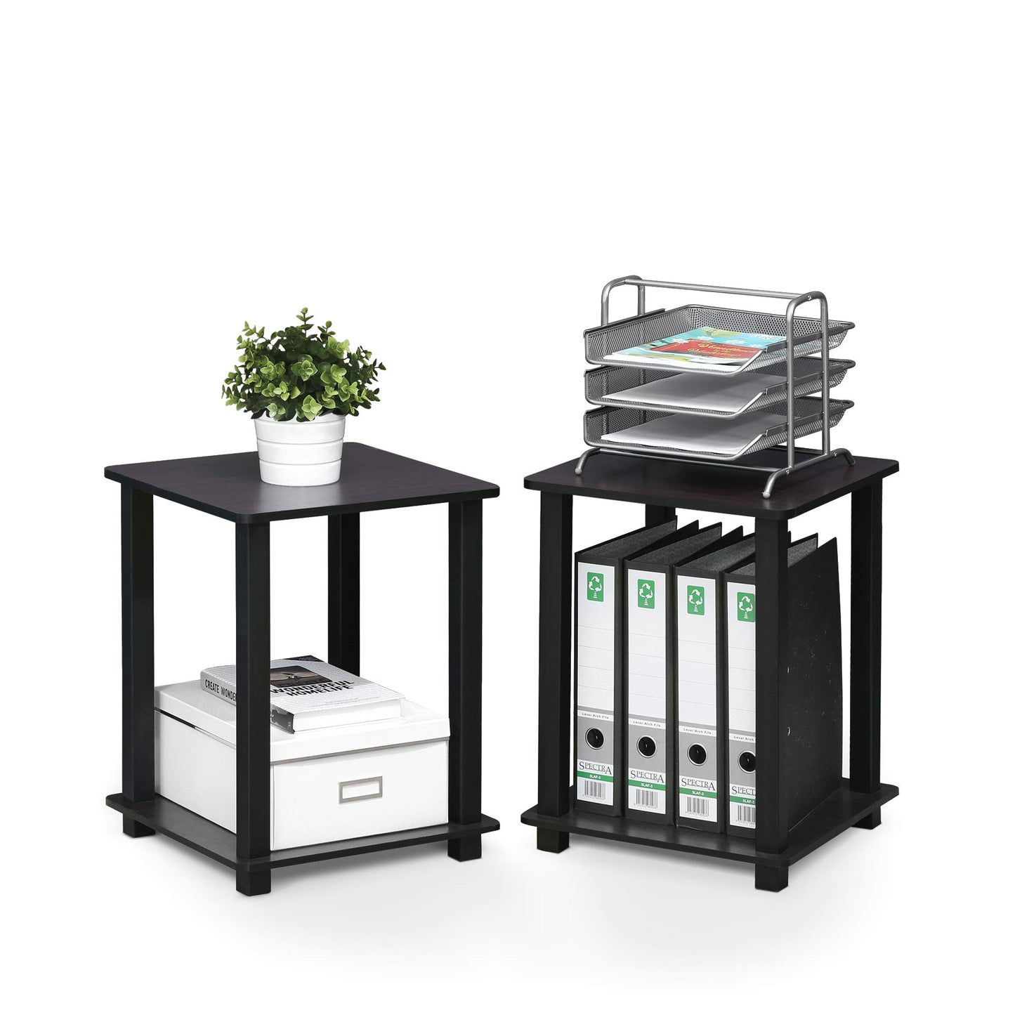 Furinno SIMPLISTIC Side Table Set of 2, 2-Tier Square Modern End Table, Nightstand, Night Stand, Bedside Table, Toolless Assembly, for Living Room, Bedroom, Dark Walnut