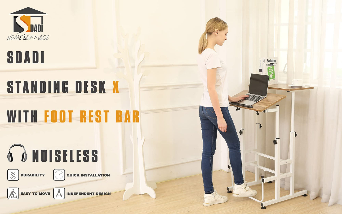 SDADI L101XWFDT Adjustable-Height Steel-Framed Mobile Standing Office Computer Desk with 2 Tiers and Lockable Caster Wheels, Dark Grain
