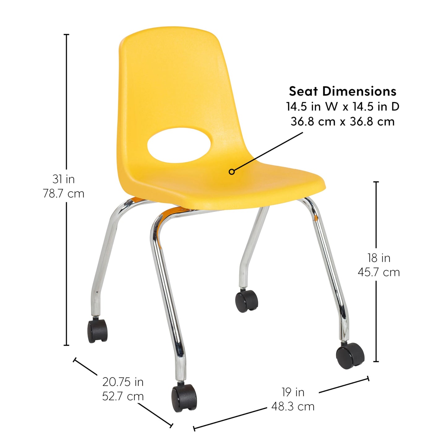 FDP 18" Mobile School Chair with Wheels for Kids, Teens and Adults Ergonomic Seat for in-Home Learning, Classroom or Office - Yellow (2-Pack)