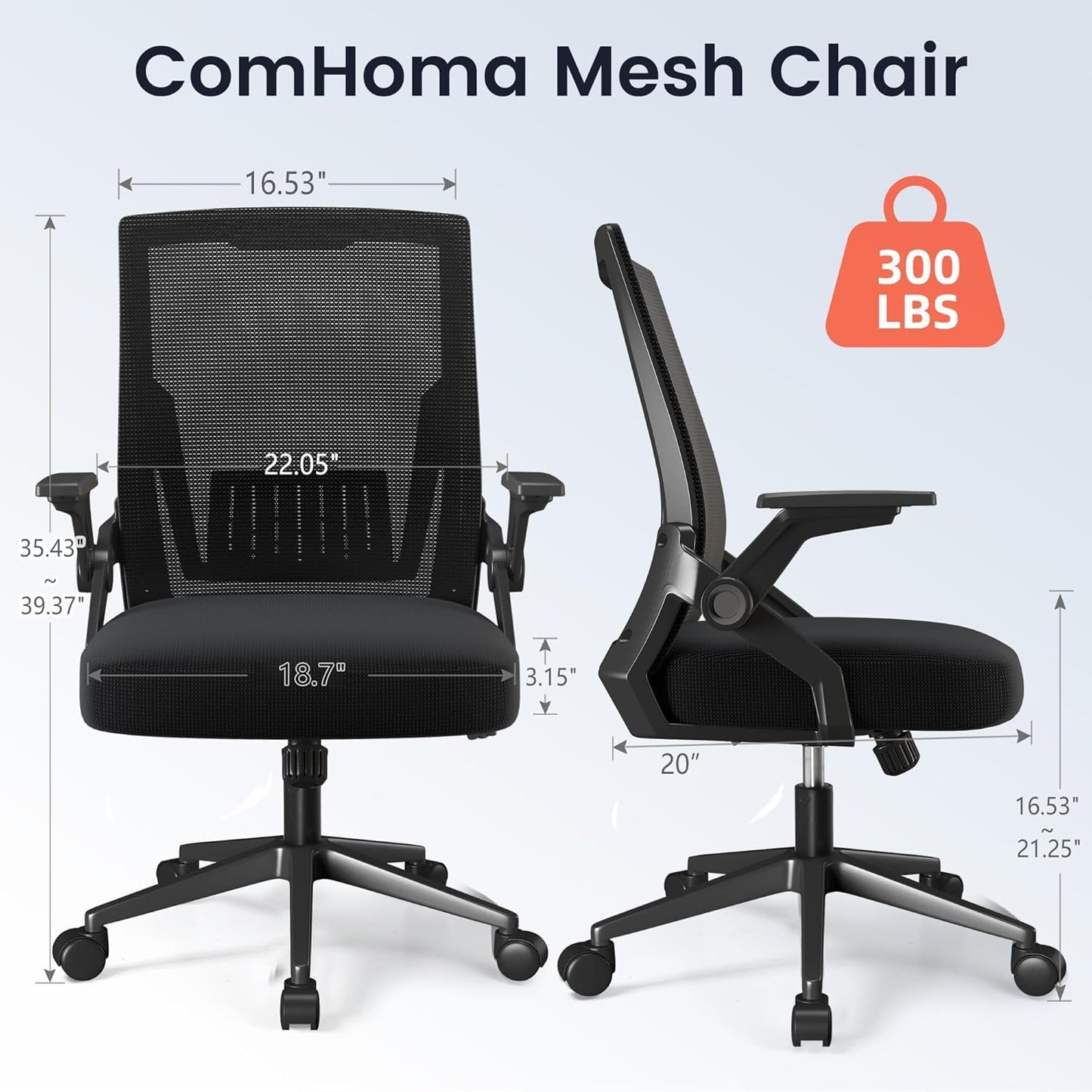 COMHOMA Office Chair with Flip-up Armrests Ergonomic Computer Desk Chair with Adaptive Lumbar Support & Breathable Mesh, Black, Pack of 2