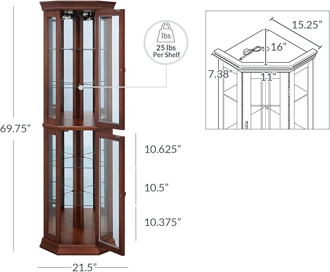 BELLEZE Lighted Wooden Corner Display Curio Cabinet, Two Section Shelving Unit