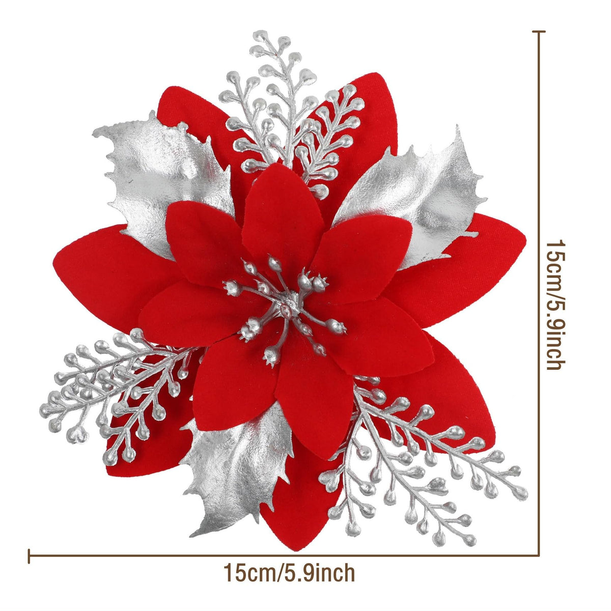 werdecade 12-Pack Christmas Flower Picks, Gold Red Glitter Poinsettia Floral Stems with Alligator Clips for Wreaths, Xmas Tree Decor, Holiday Arrangements (red Silver)