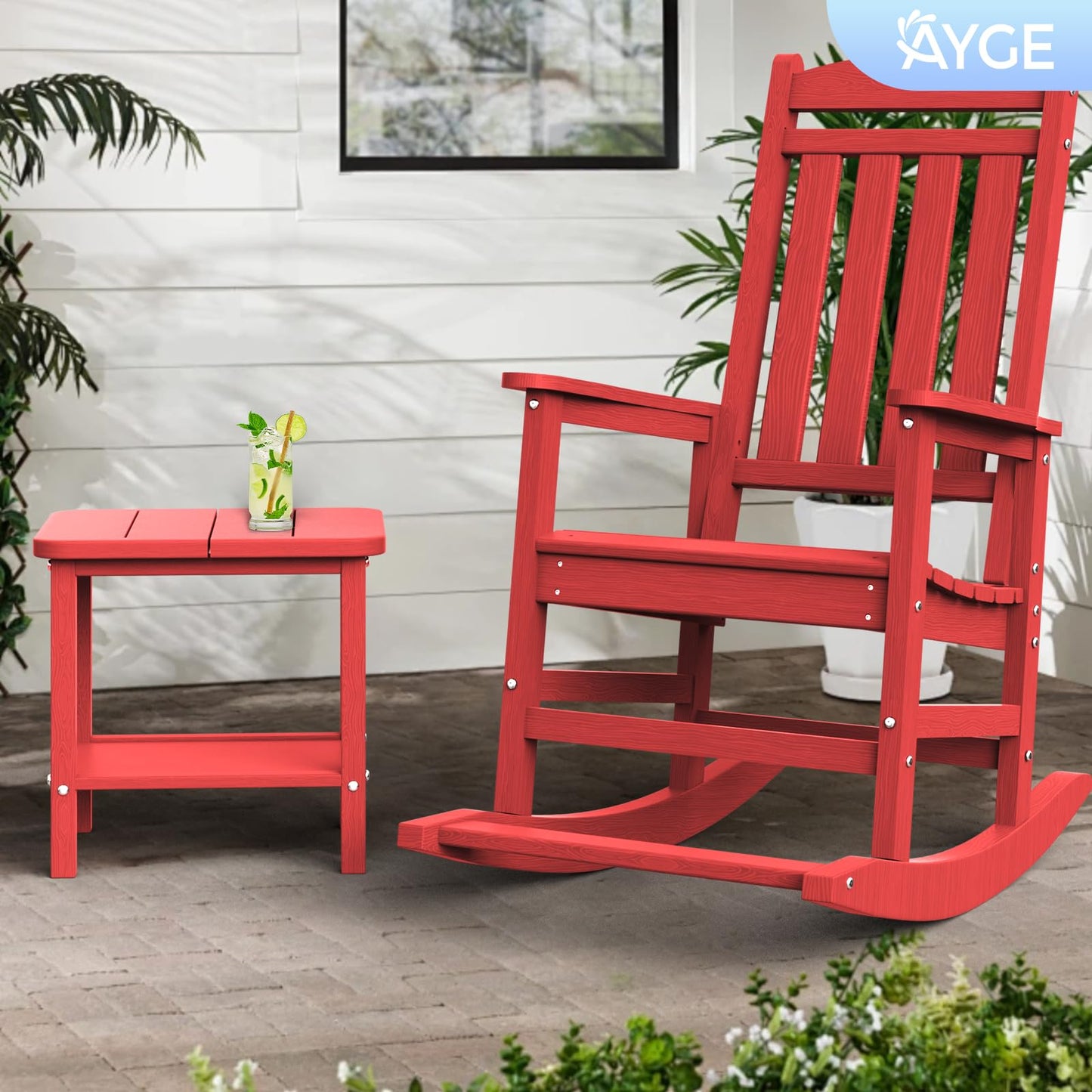Ayge 17.7" Double Outdoor Side Table, Rectangular HDPE Adirondack End Table for Patio, Lawn, Pool, Garden, Backyard，Red
