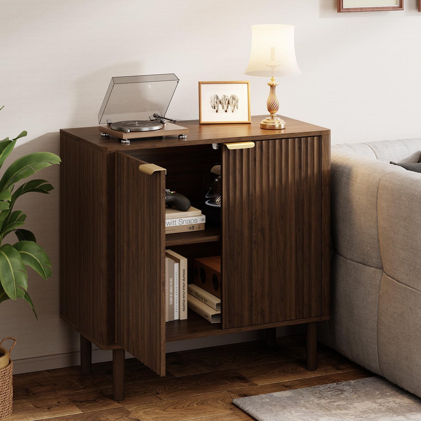 IKALIFE Sideboard Buffet Cabinet with Storage, Modern Fluted Accent Credenza with Doors & Adjustable Shelves, Wood Coffee Bar Console Table for Living Room, Dining Room, Kitchen, Entryway 31.5"Walnut