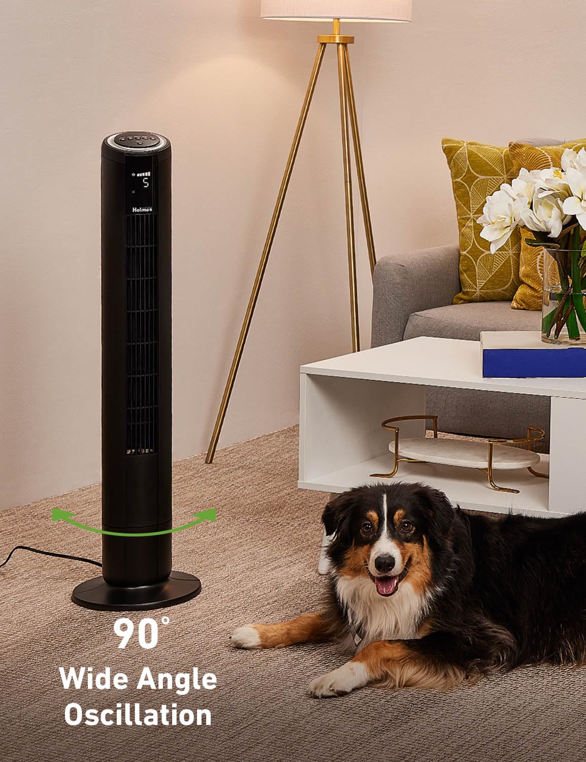 HOLMES 42" Digital Tower Fan with Accent Light, ClearRead Display, High/Low Brightness Level, 90° Oscillation, 5 Speeds, 4 Modes, 8-Hour Timer, Home, Bedroom or Office, Remote Control, Matte Black
