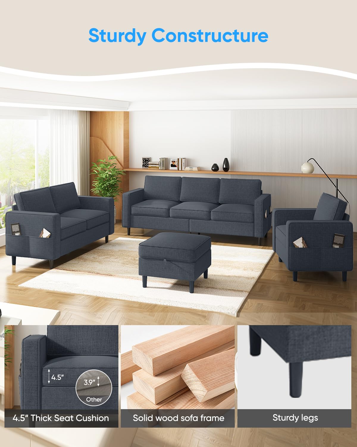 ADOWORE 3 Piece Living Room Sofa Set, Linen Fabric L Shaped Couch with Ottoman and Loveseat and Armchair Sets, Modern 3 Seater Sofa + Love Seat + Accent Chair Sets-Dark Grey